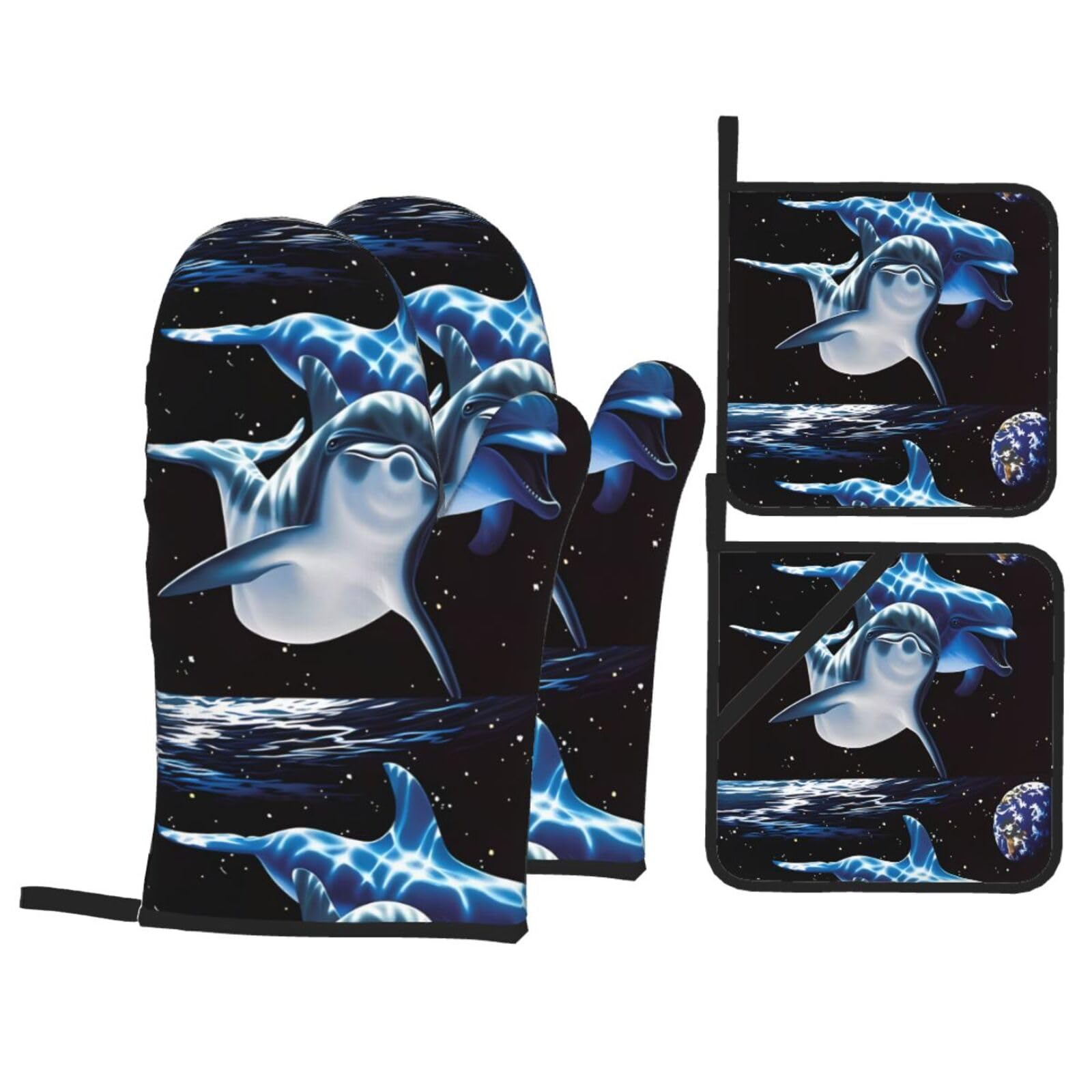 WHJSHOP Dolphin Black Prints Oven Mitts & Pot Holders Set - Waterproof Kitchen Layers & Heat Resistant - Durable Covers for Safe Cooking & Easy Cleanup