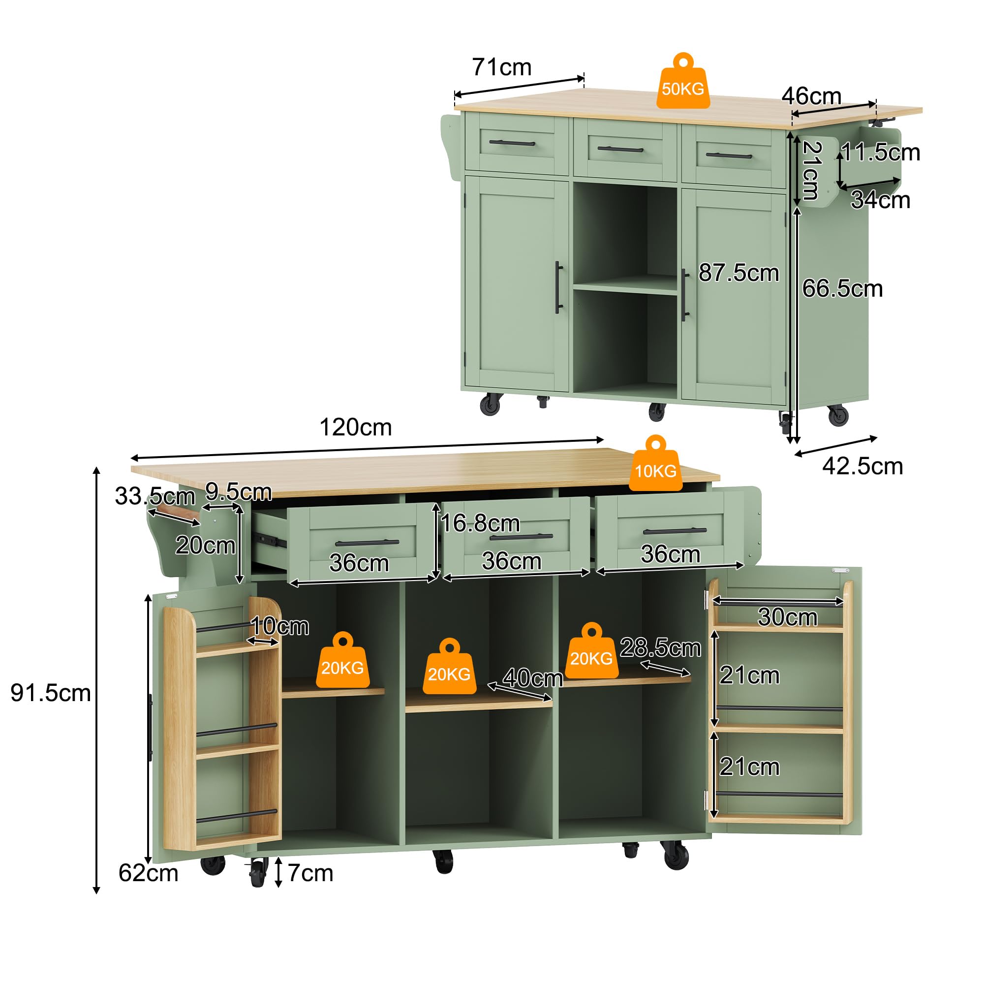 Shye Carrello da pranzo/credenza, corpo verde, piano di lavoro effetto legno, piano di lavoro pieghevole, porta portaoggetti, ruote, piedini in legno massiccio intercambiabili, 139 x 46 (71) x 91,5 cm