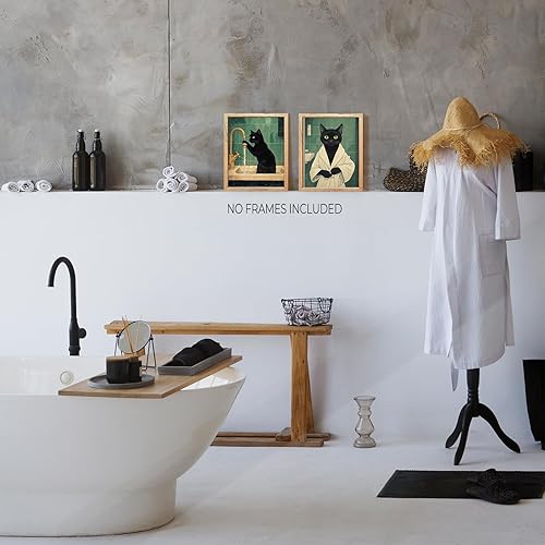 Miniatura 7 de Foritho Juego de 4 impresiones artísticas divertidas de lienzo para baño de gato negro, decoración de baño de gato, póster botánico tropical