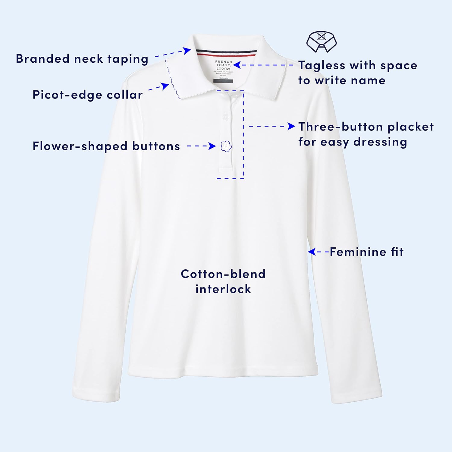 French Toast Girls Plus Size' Uniform Long Sleeve Polo with Picot Collar (Standard & Plus)