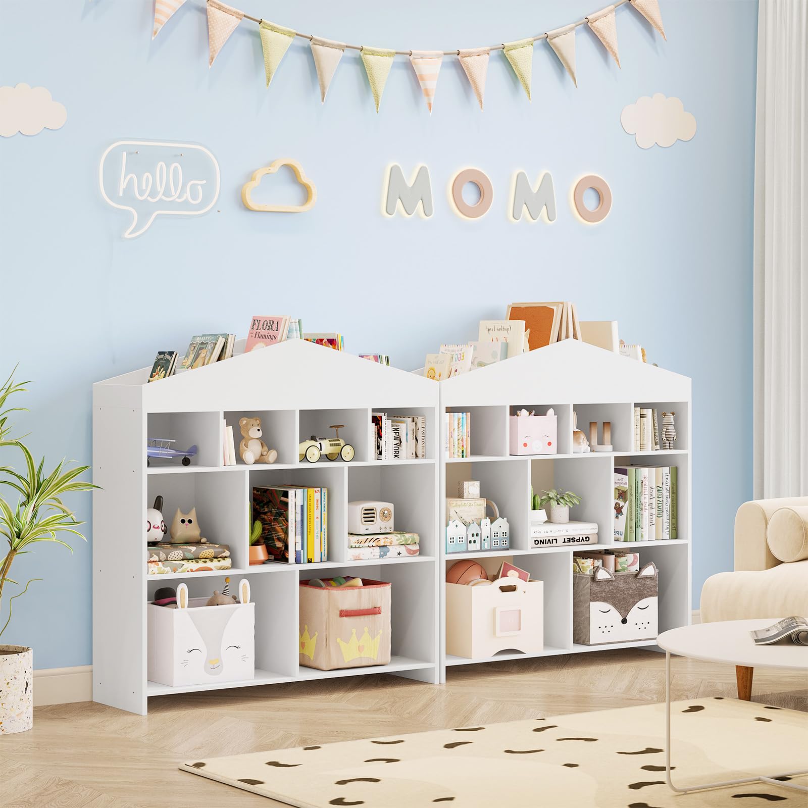 Sécurité et Design Maison – Bibliothèque Enfant en Forme Maison | 4 niveaux, 15 cubes, étagère à livres et jouets en bois