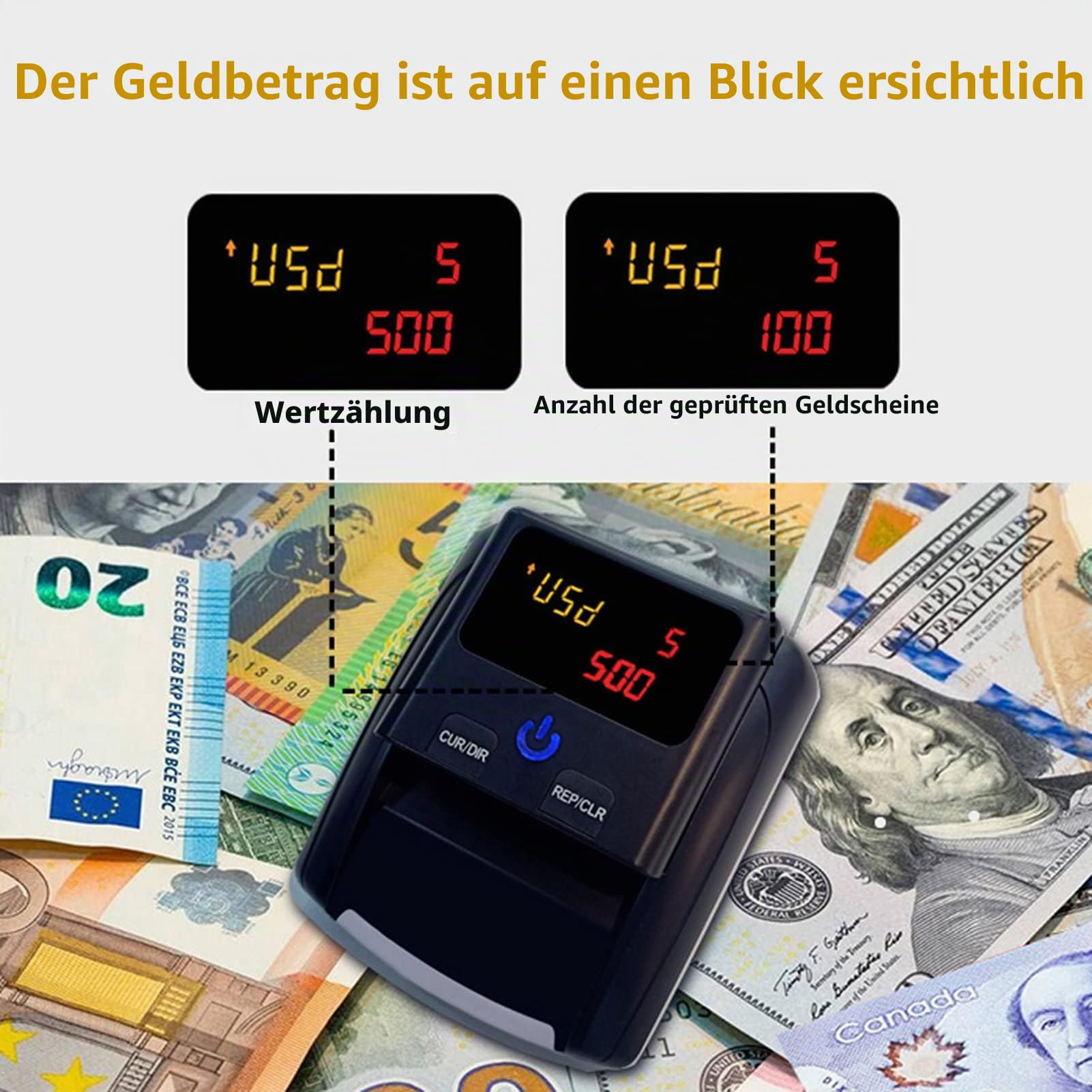 Mini Portable Geld Zähler Falschgeld Detektor Automatische Geld-Erkennung durch UV MG IR Bild Papierqualität für Euro Geeignet für Geschäfte Restaurants Hotel