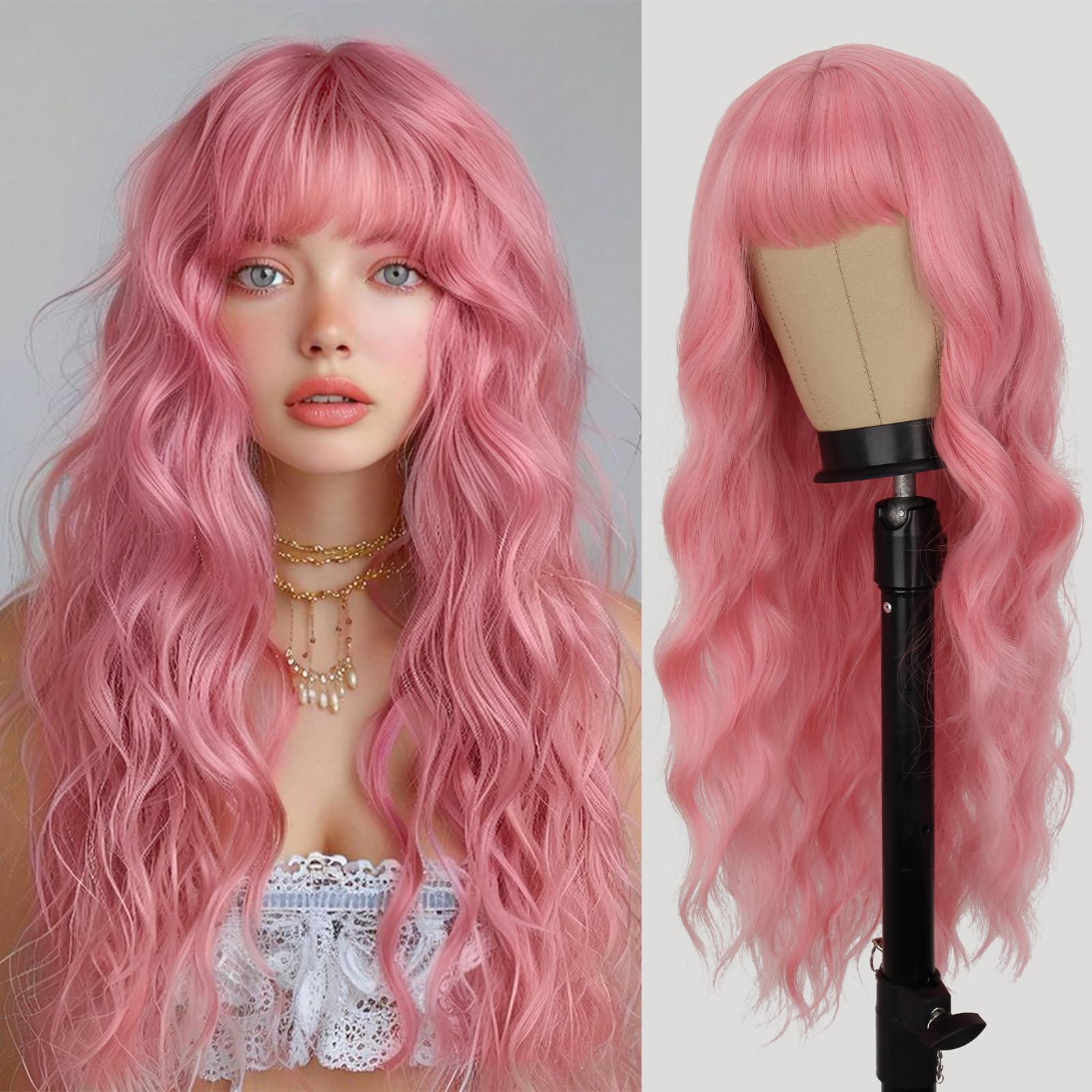 MERISIHAIR Light Pink Wavy Wig with Bangs Long Pink Wigs for Women Girls, 26 inch Natural Curly Synthetic Wig for Daily Party Holiday Festival