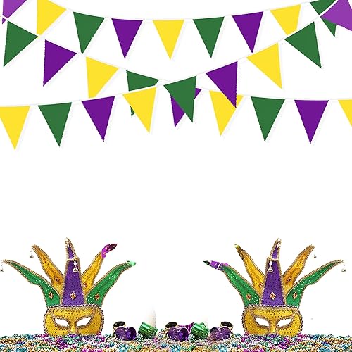 Miniatura 4 de Banderín de tela de 32 pies, color amarillo, verde, morado, banderines triangulares, guirnalda para fiesta de Mardi Gras, Mardi Gras, cumpleaños,