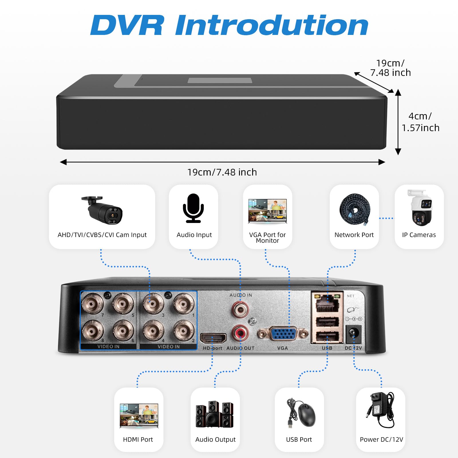Registratore DVR di sicurezza CCTV 8CH con rilevamento umano/veicolo AI, 8 canali 1080p ibrido 5-in-1 DVR cablato per telecamera di sicurezza, supporta telecamere analogiche e IP a 8 canali