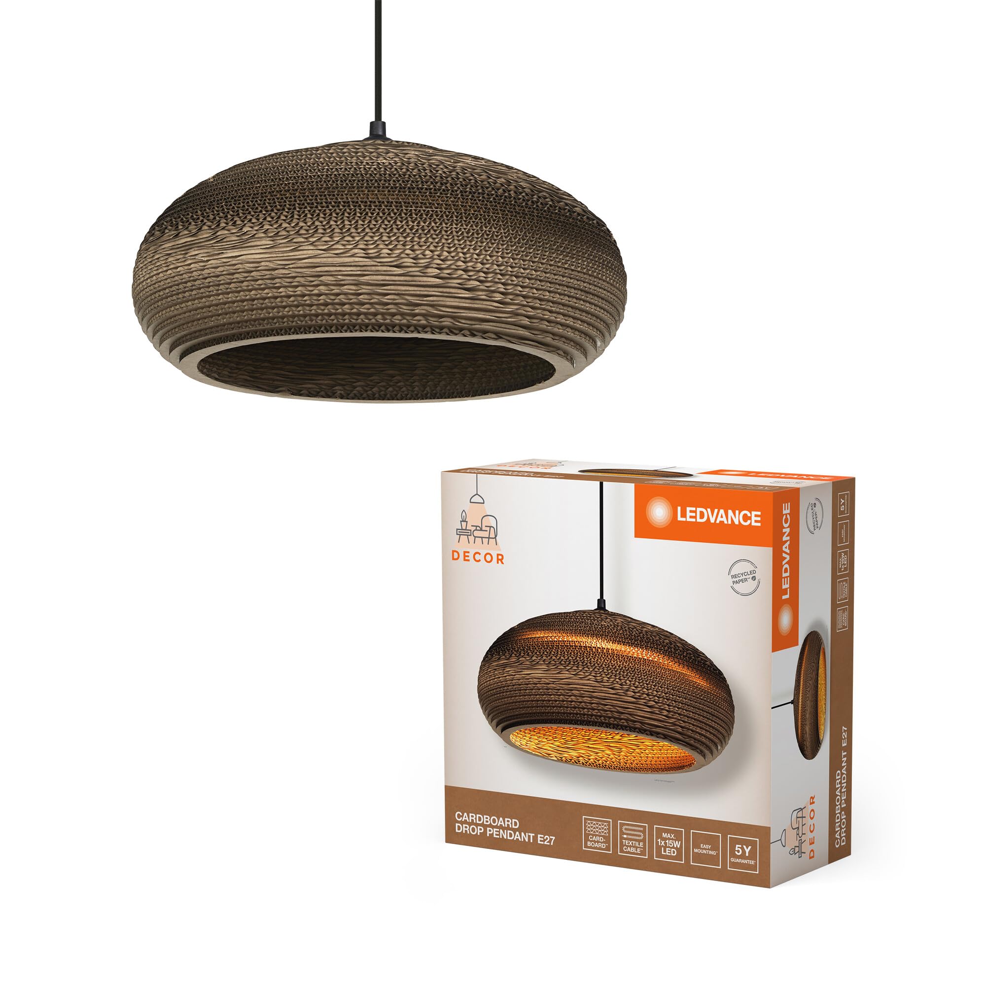 LEDVANCE Deckenleuchte Decor Cardboard – Brauner Schirm Aus Wellpappe, E27, 40 Cm, Nachhaltig & Einfach Montierbar