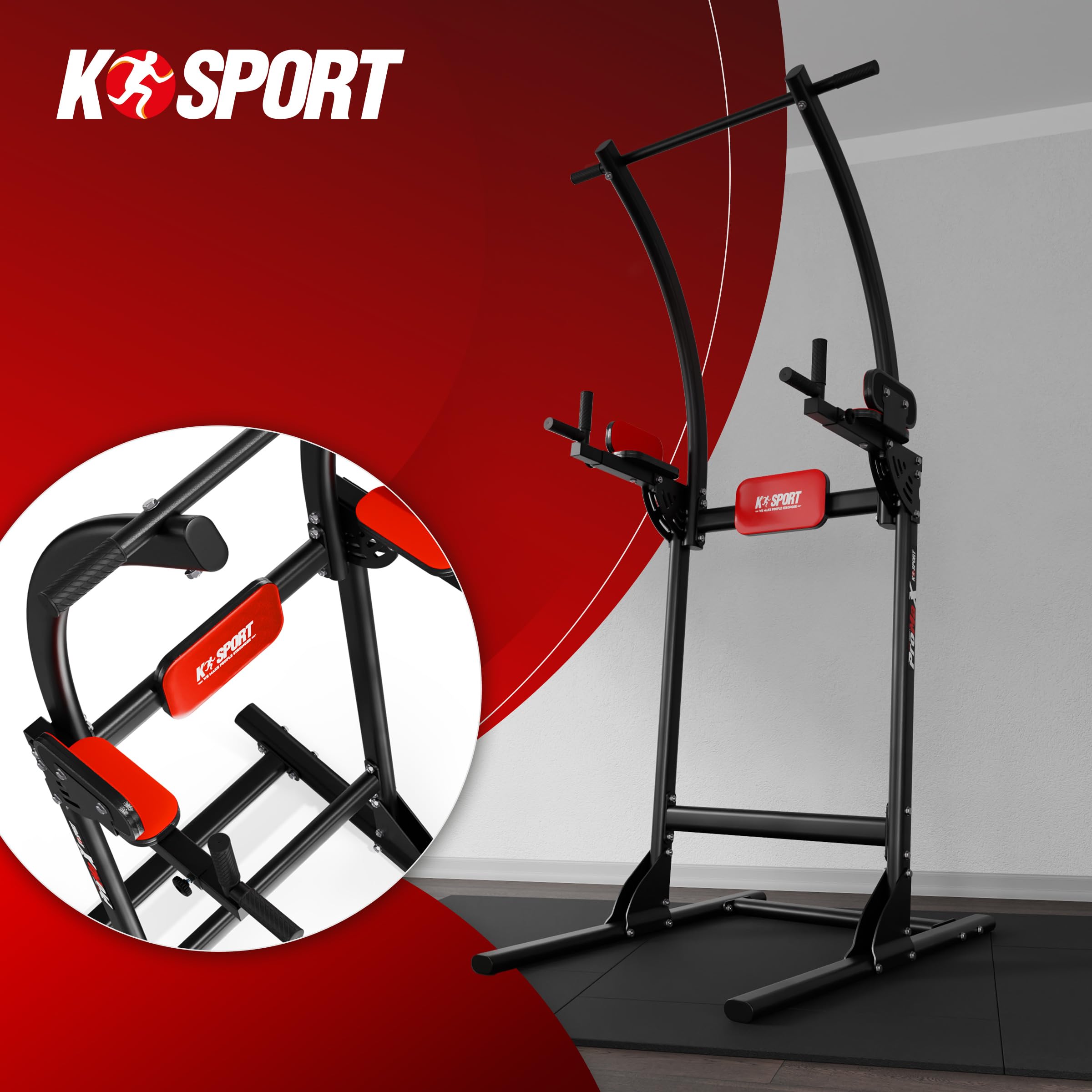 K-Sport: Power Tower Fitness Aparato | Barra de dominadas independiente | Torre de fuerza multifuncional de hasta 150 kg | Fitness Tutm | Torre de fuerza con estación de inmersión y barra de dominadas