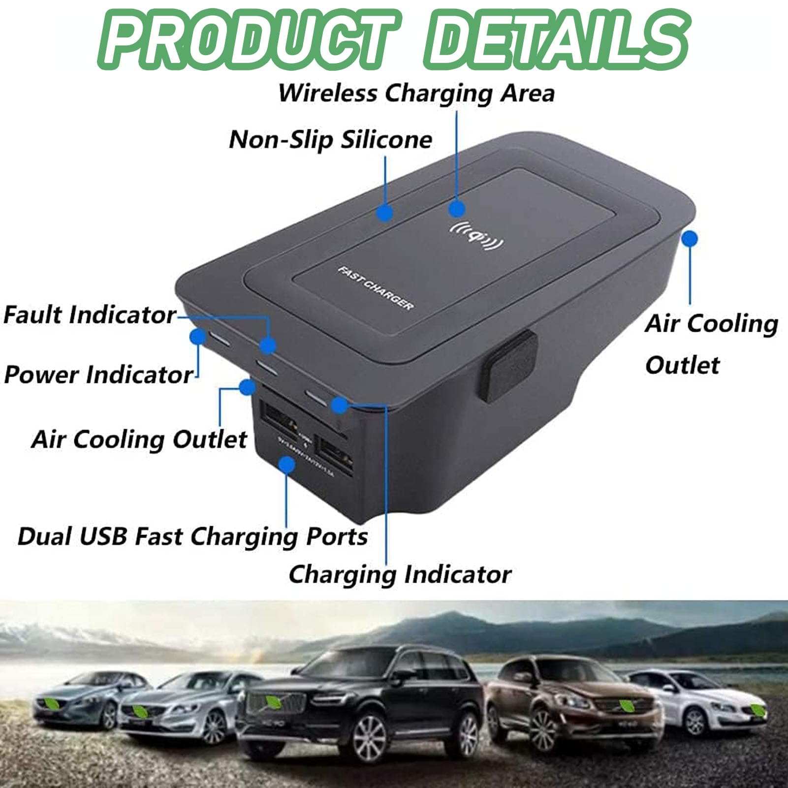 Caricatore Wireless Auto per Volvo S60 Xc60 V60 S90 V90 Xc90 (2015-2024) Tutti I Modelli con Sistema Di Raffreddamento A Doppio Canale D'Aria 15w Fast Charge Accessori Di Aggiornamento
