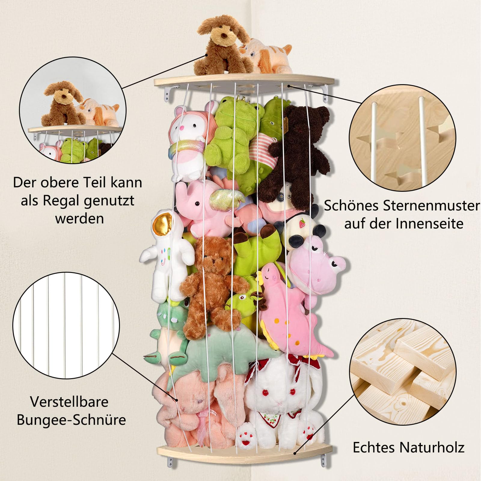 GUIGUZI Kuscheltier Aufbewahrung Organizer, Holz Eck Stofftier Regal, Kinderzimmer Hängend Spielzeug Organizer für Plüschtiere und Teddybären