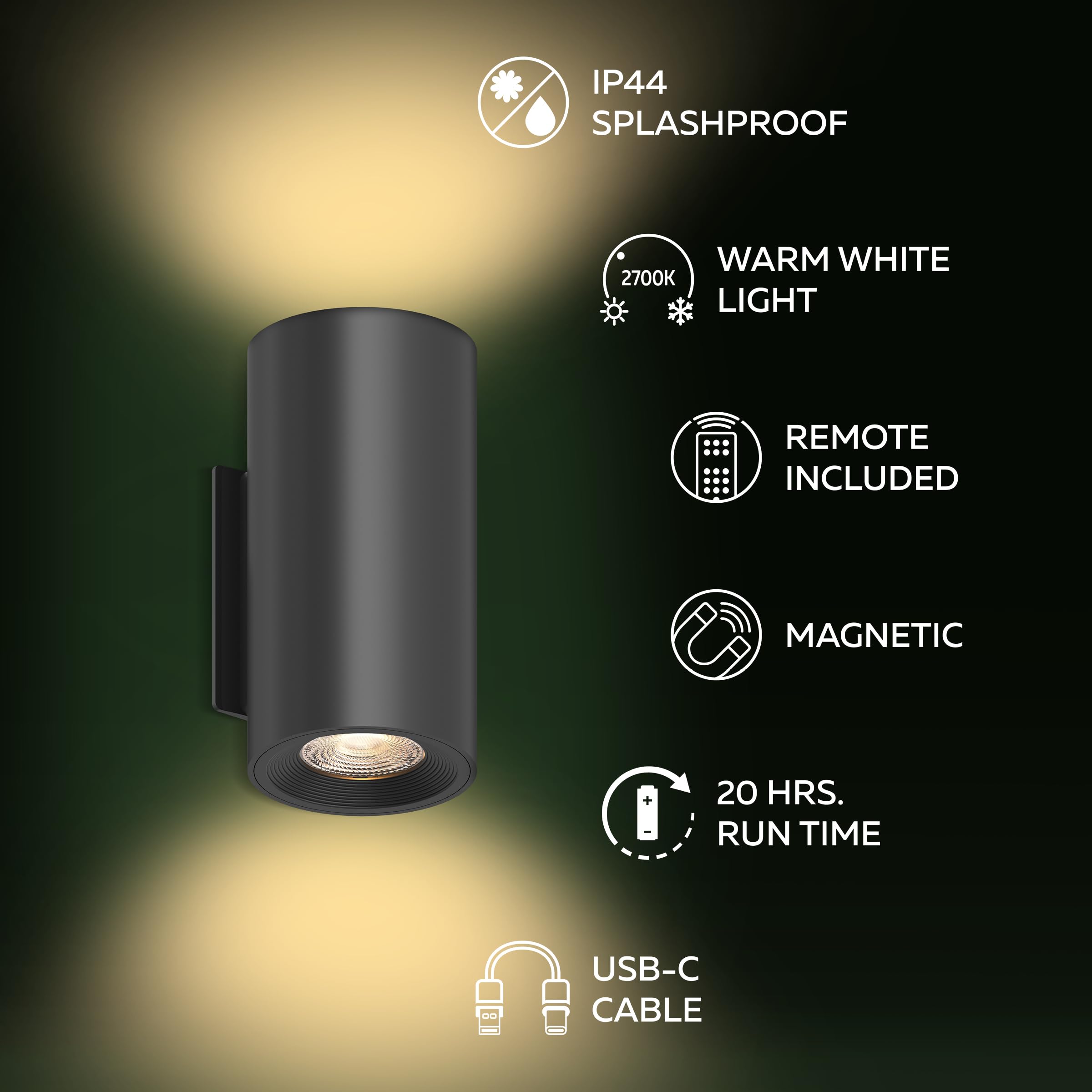 CALEX Applique da Parete Valmer, Interno ed Esterno, Ricaricabile, LED Integrato, Forma Cilindrica, Illuminazione Up & Down, Impermeabile, Nero, Confezione da 2