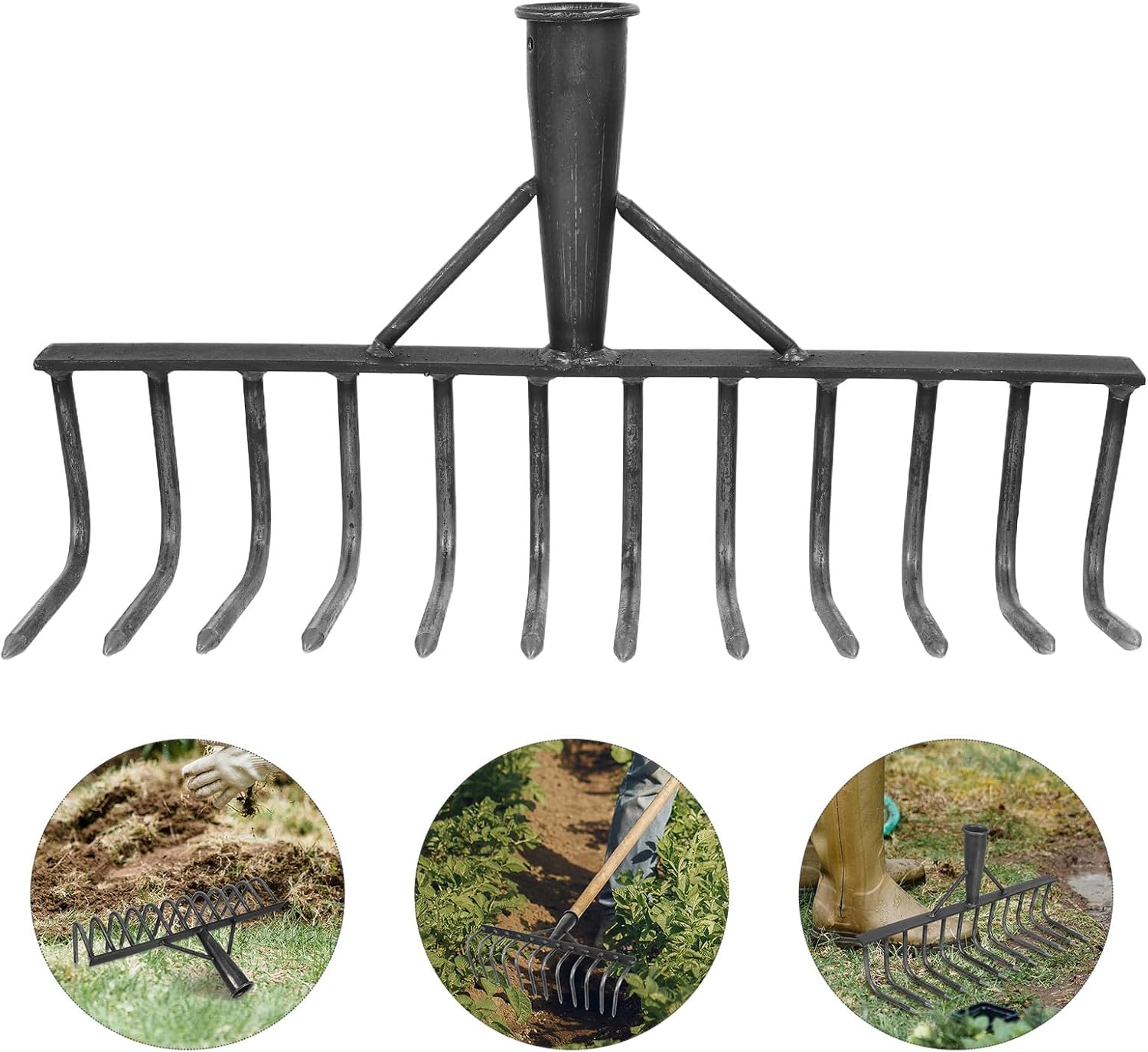 Heavy Duty Carbon Steel Rake Head Replacement with 12 Thick Steel Teeth for Gardening and Soil Leveling, Multi-Tine Yard Raking Tool for Lawn Care and Landscaping