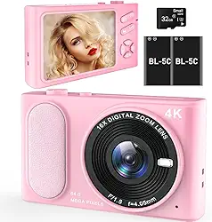 Câmera digital UHD 4K, ponto e disparo compacto de 64 MP com zoom digital de 16X, anti-trepidação, rosa