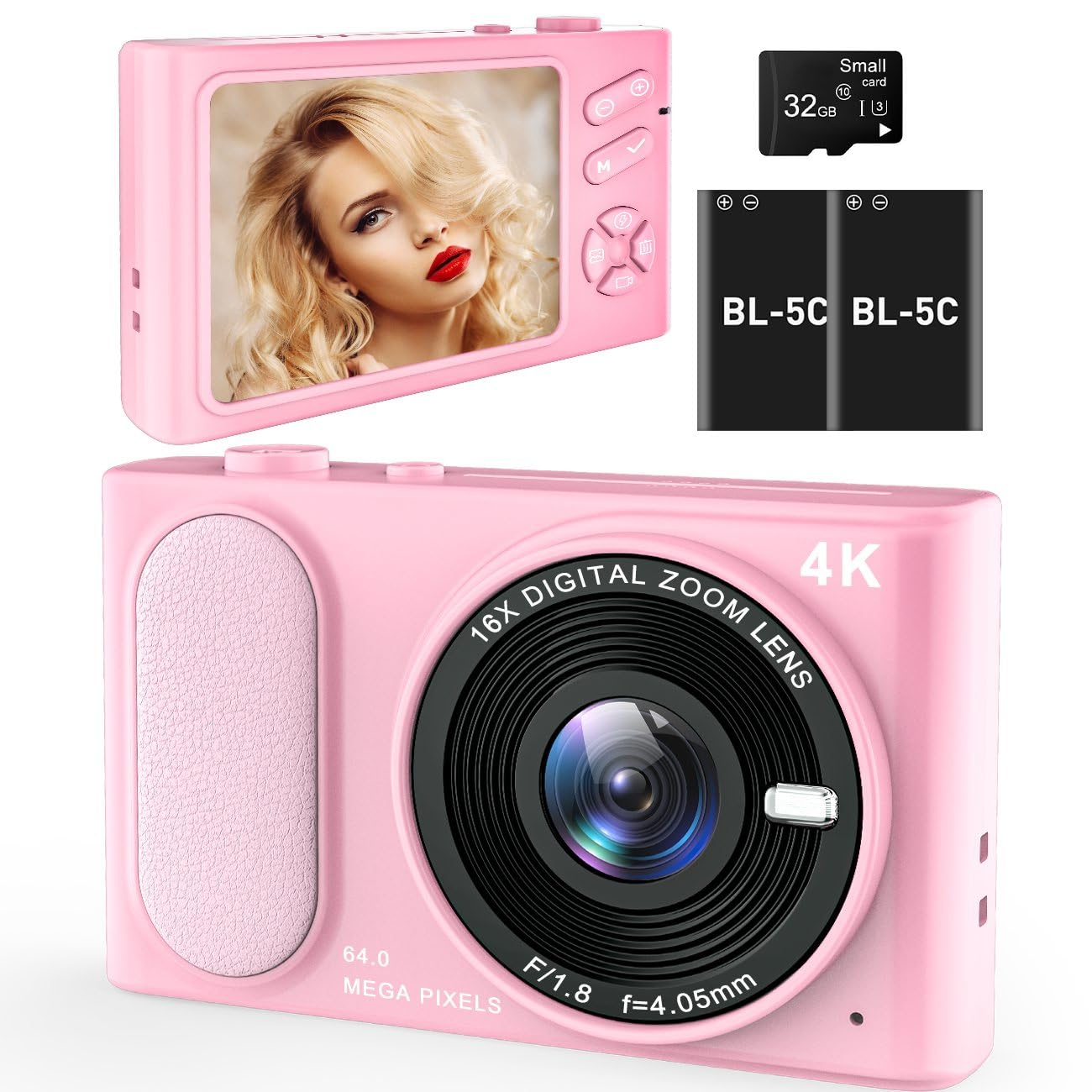 4K UHD Digital Camera, 64MP Compact Point & Shoot with 16X Digital Zoom, Anti-Shake, Pink