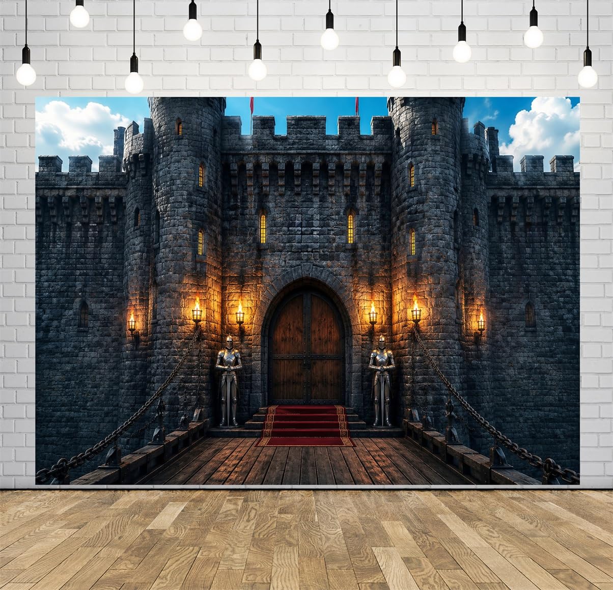 BELECO 6x3m Sfondo in tessuto Castello Medievale Porta in Pietra | Ponte Levatoio Castello Torce Tappeto Rosso Ingresso Sfondo Festa Compleanno Tema Cavaliere Telo Di Sfondo