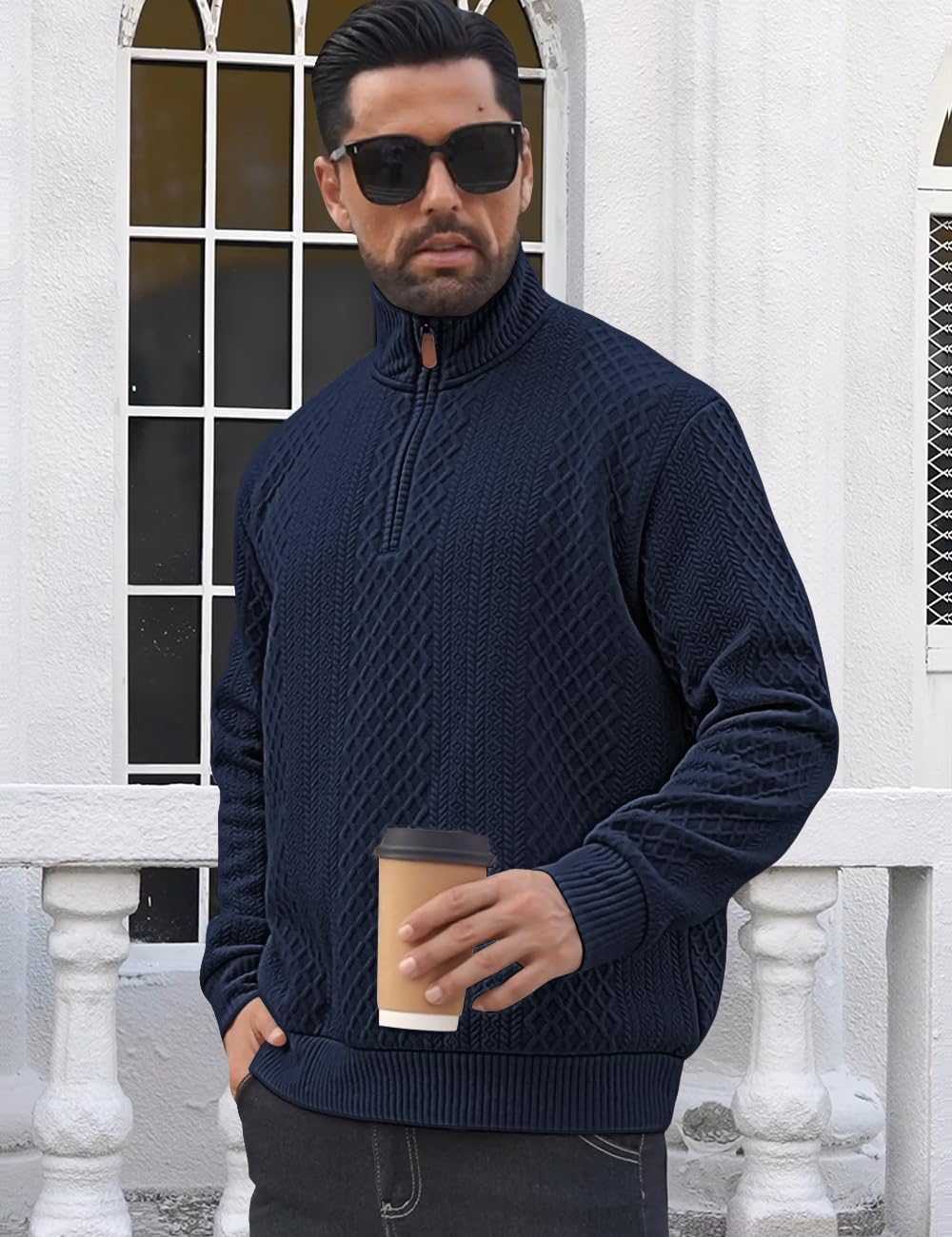 Men's Quarter Zip Sweatshirt Pullover Sweater Casual Long Sleeve Stand Collar Quarter Sweaters - Image 2