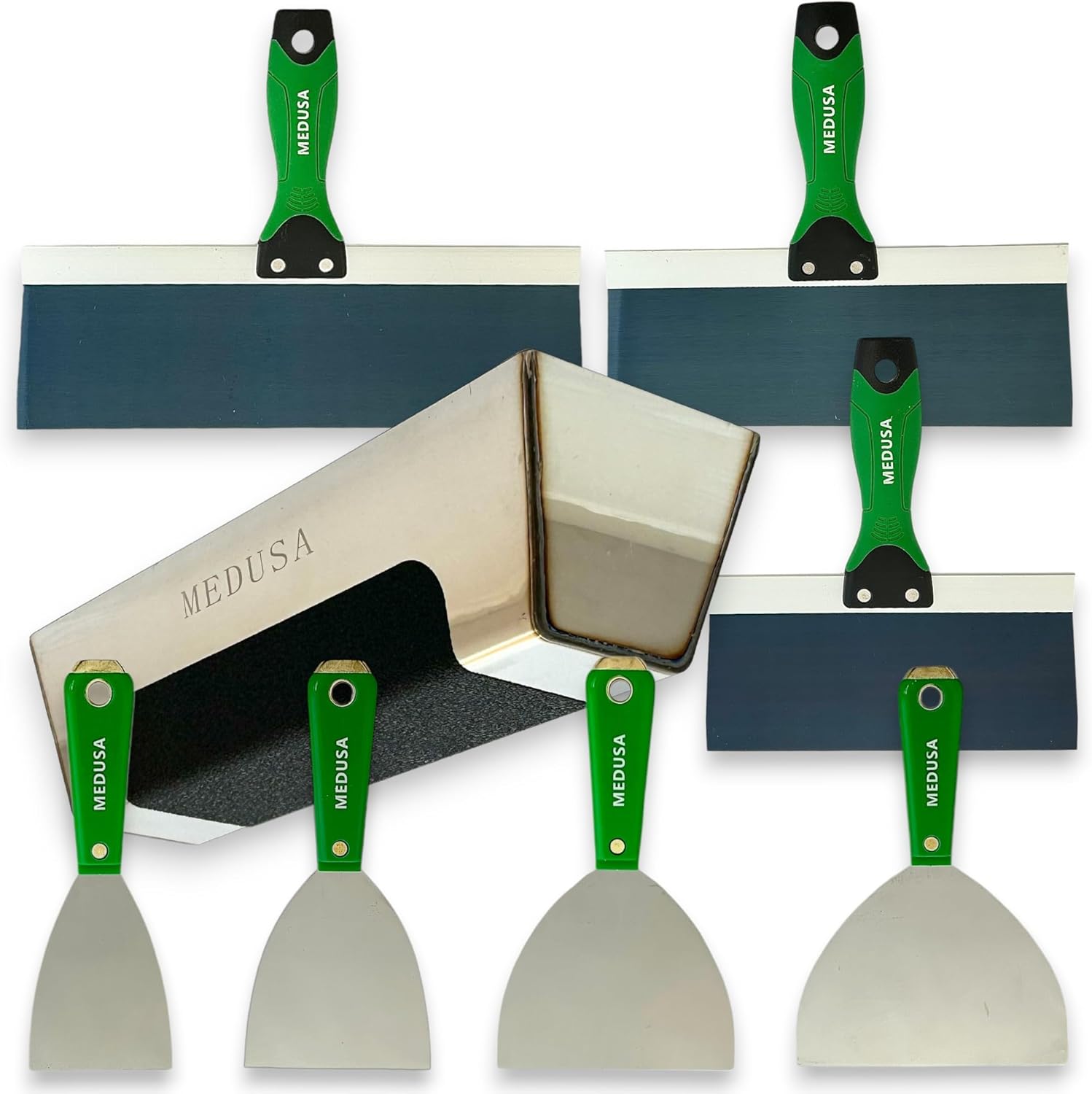 Medusa's Carbon and Blue Steel Drywall Taping Knife set with S.S. 12" Mud Pan And Grip: Classic Style Light Handles with Strong Flexible Blades, Note to Beginners All blades will Rust, watch video Classic Carbon Blue Set