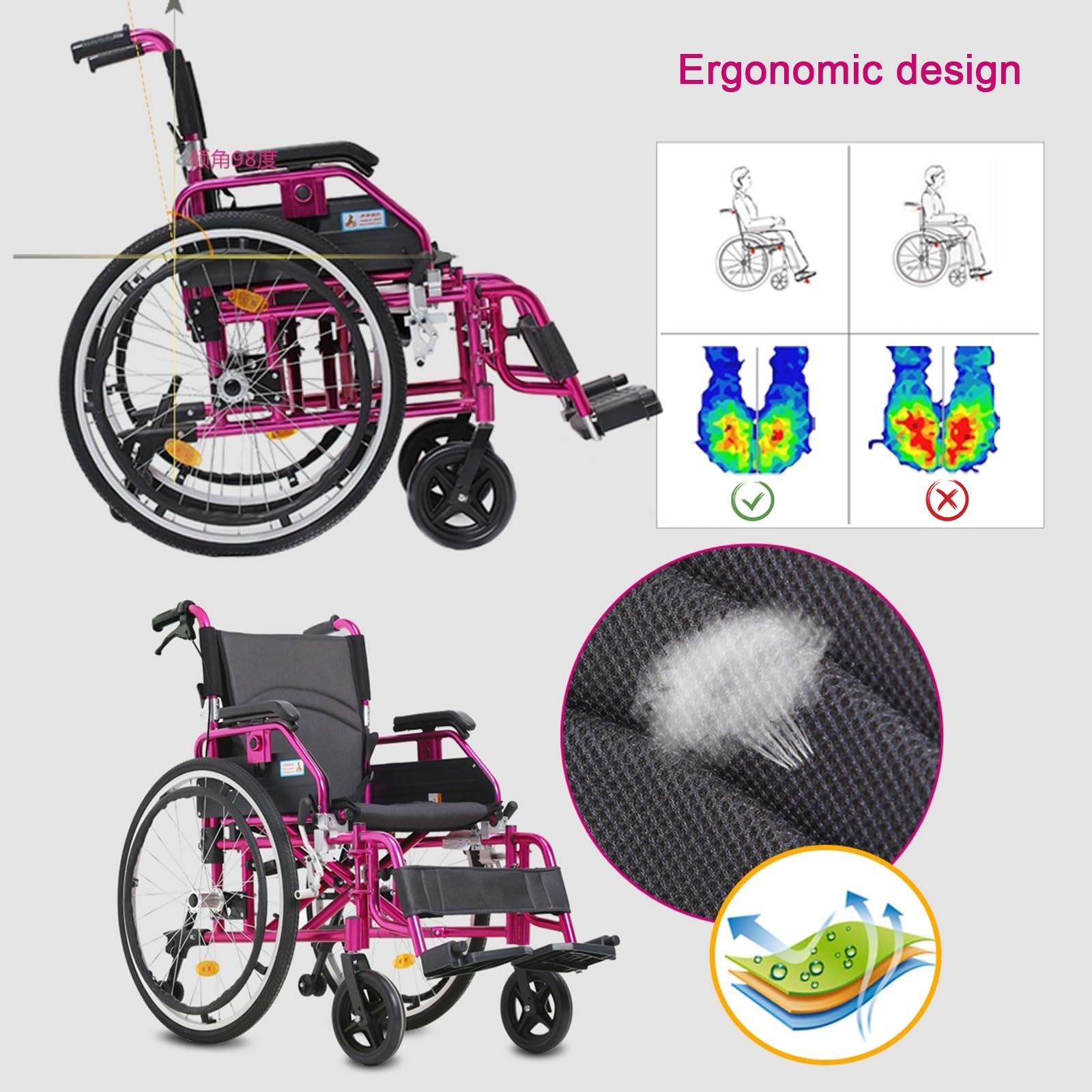 Silla de Ruedas Ligera para Adultos, Silla de Ruedas Plegable Ultra-Ligera de Aluminio, sillas de Ruedas manuales autopropulsadas,Reposapiés abatibles, Reposabrazos Acolchados