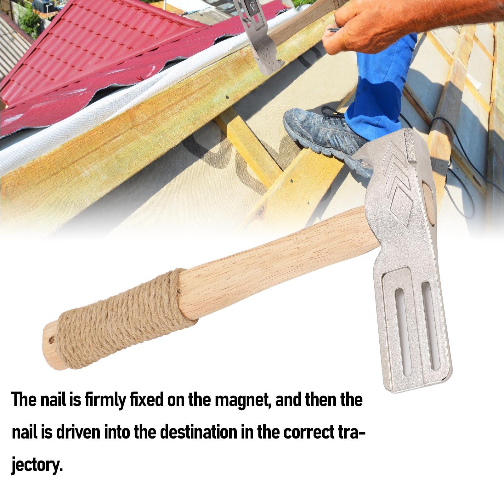 Jectse Martillo para Techos Magnéticos, Hacha de Techos de Imán Multifuncional con Herramienta de Techo Mágico de Mango de Madera Maciza para Uñas Rápidas para Techos y Sombreros de