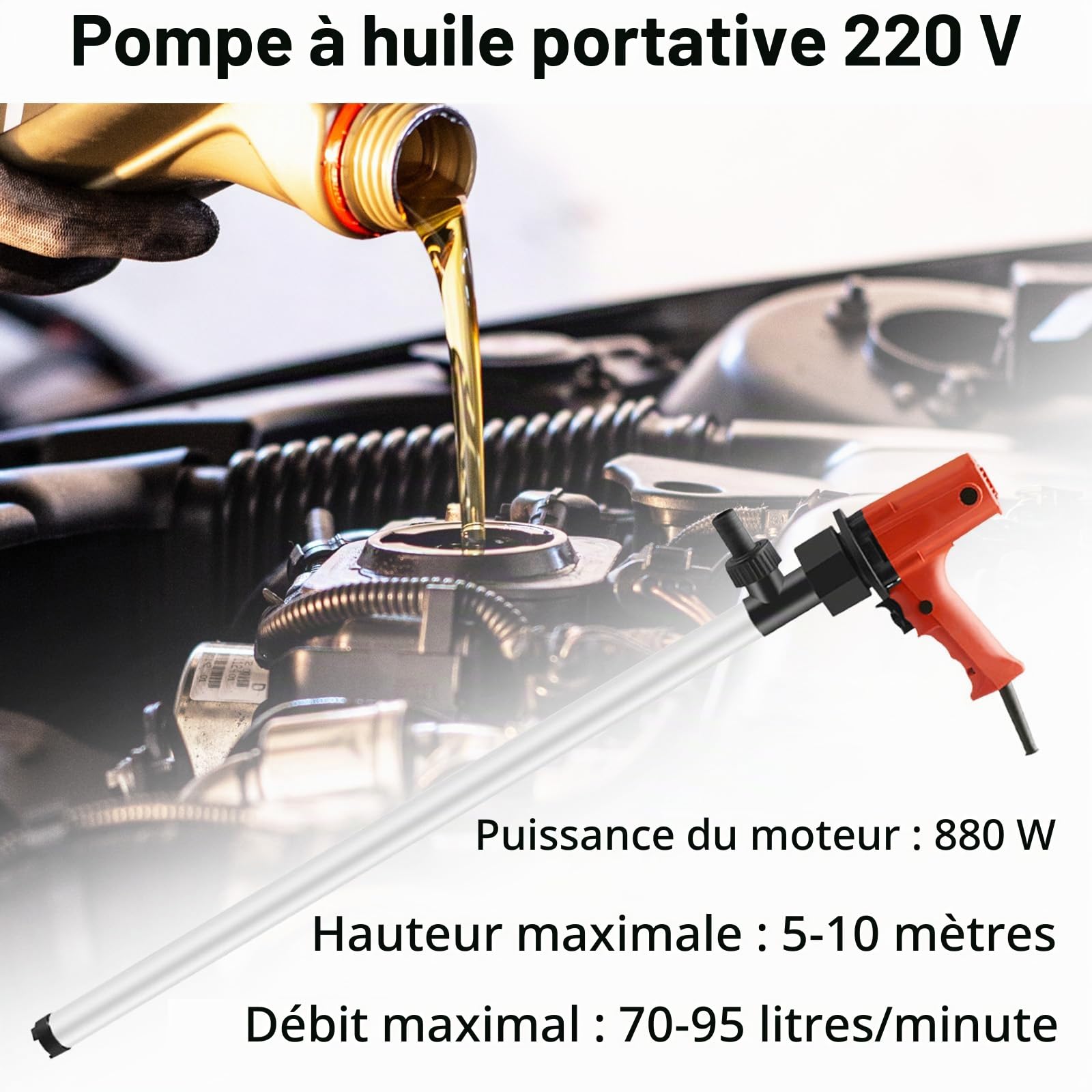 Pompe électrique Pour Fûts, 880W Compatible Essence Diesel Et Eau Débit 70-95 L/Min Vitesse 5000-10000 Tr/Min équipée D'un Tube Aluminium 89cm Et D'un Flexible En Acier Pour Fûts Standard 200L Et 220L