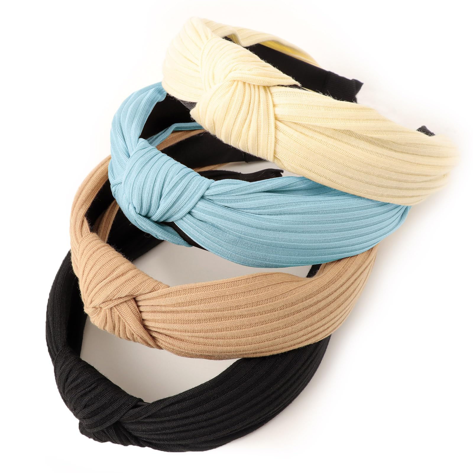 DRESHOW 4 Pack Knotted Headbands for Women Wide Turban Headband Yoga Exercise Ribbing Head Wraps Hair Bands Accessories