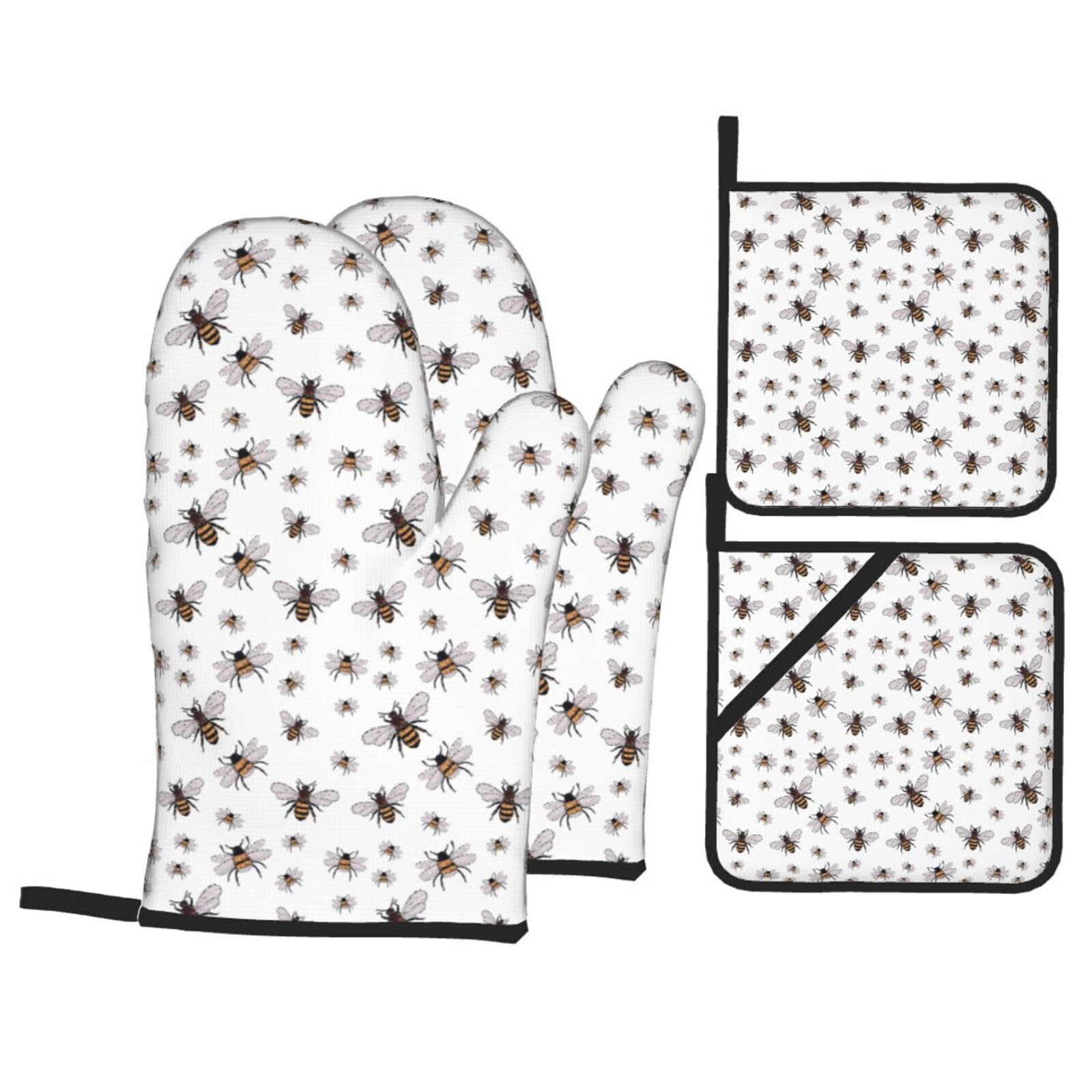 Funny Bees Print Stylish Heat-Resistant Oven 4-Piece Set Kitchen Gloves Roasting Daily Cooking