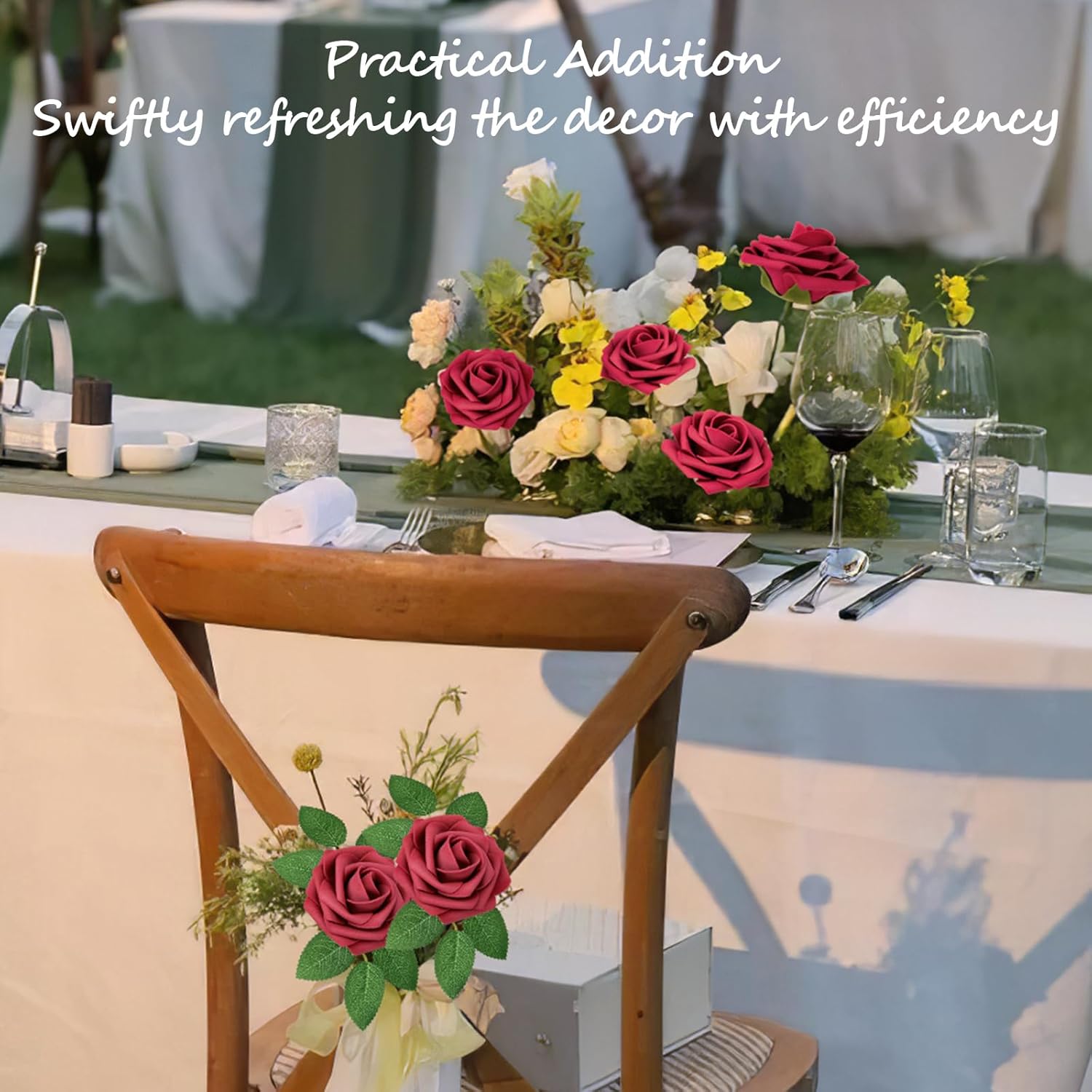 OFUN 60個 造花 赤いバラ 茎付き DIY ウェディングブーケ フェイクフラワー 赤いバラ パーティーテーブルの装飾に