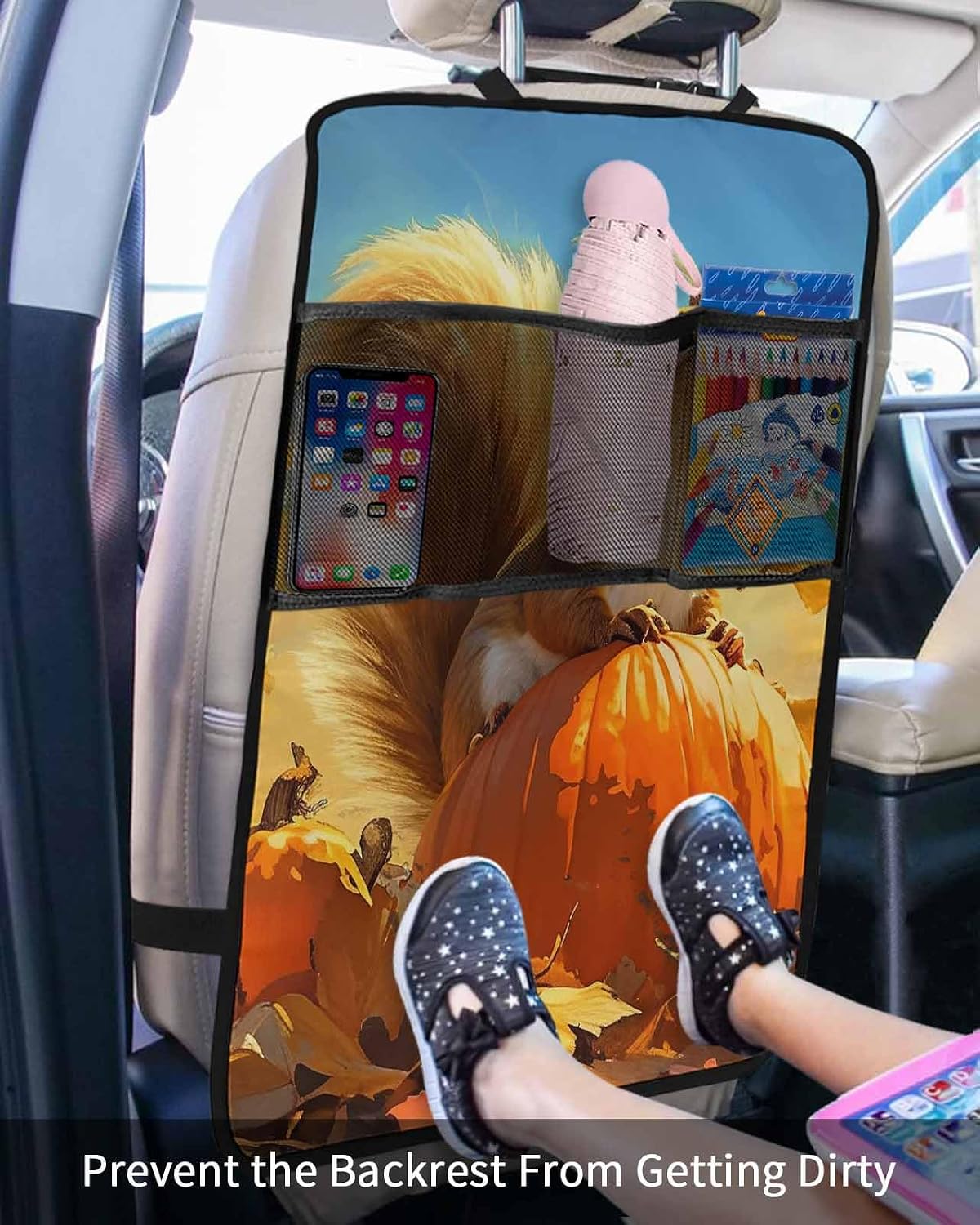 T&H XHome Car Seat Protector, 2 Pack Kick Mats with Organizer - 3 Pocket Storage, Fall Pumpkin Autumn Animal Squirrel Maple Leaf Back Seat Cover for Kids Universal Fit Automotive Interior Protectors