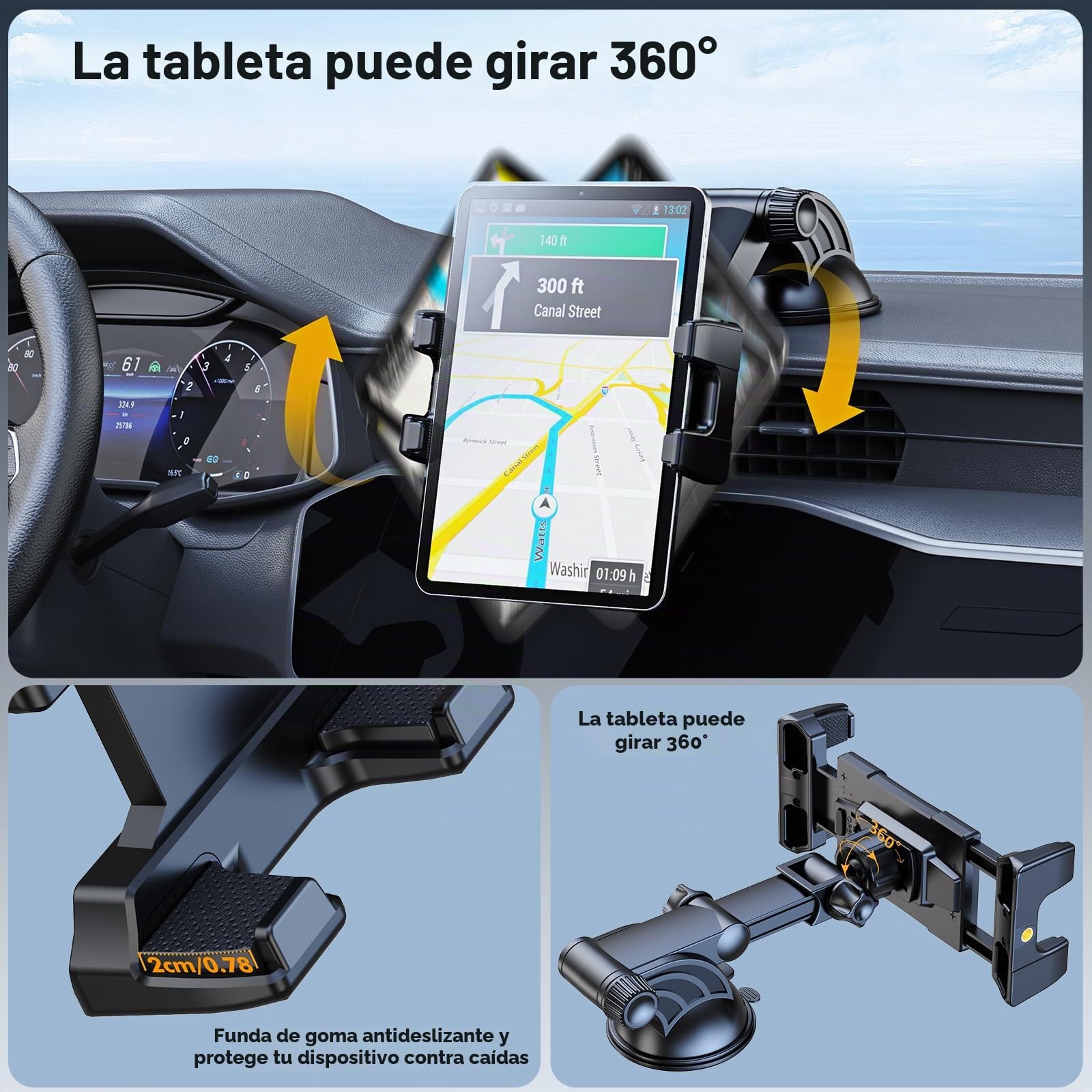 OHLPRO Soporte Tablet Coche, Rotación de 360 Grados Soporte iPad Salpicadero y Parabrisas, Ventosa Soporte Tablet para iPad/iPad Mini iPhone, Smartphones y Tablets 5-13" para Coche, Pared, Escritorio
