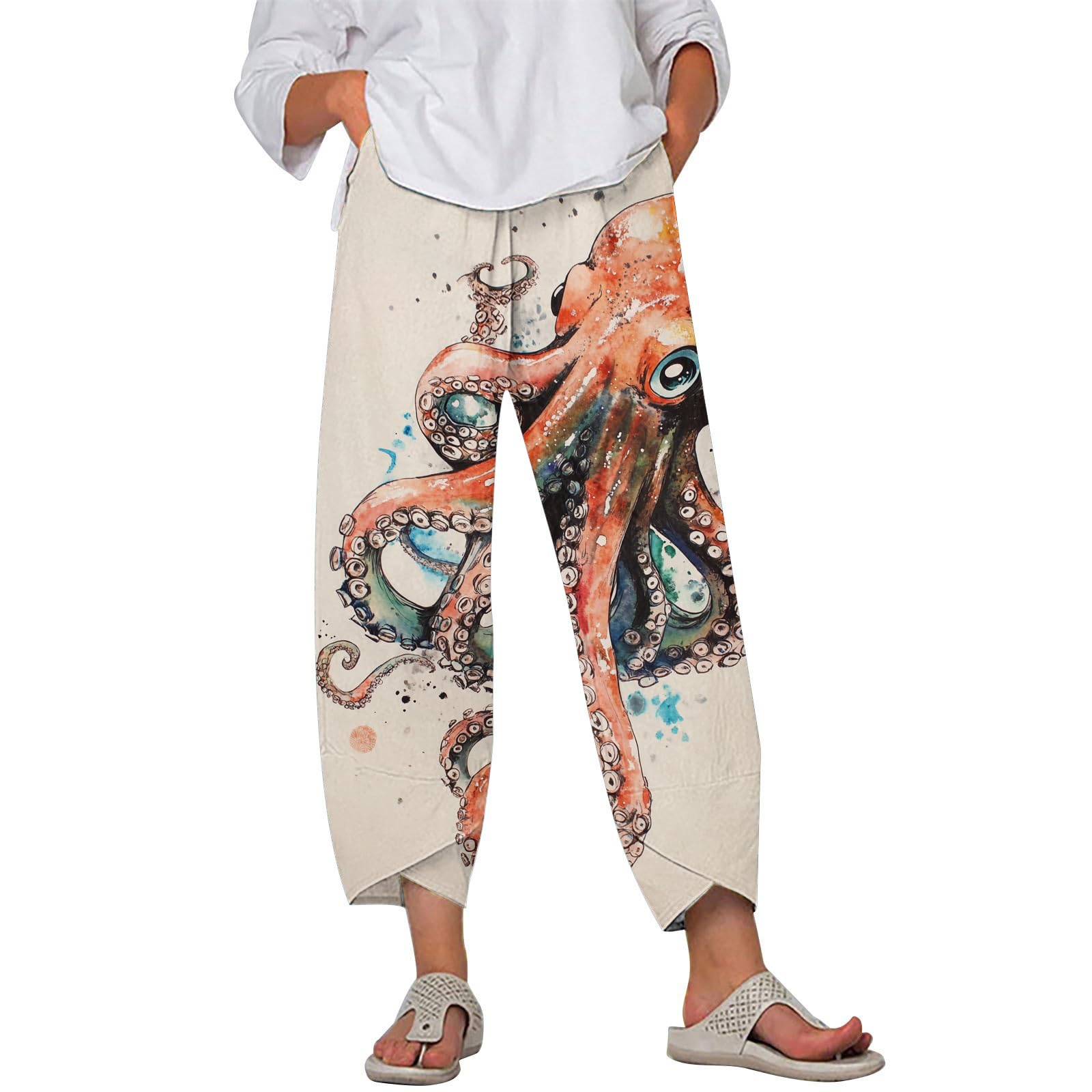 Landscape Printed Polyester Pants for Women Wide Leg Floral Design with Pockets Elastic Causal Beach Trousers Summer