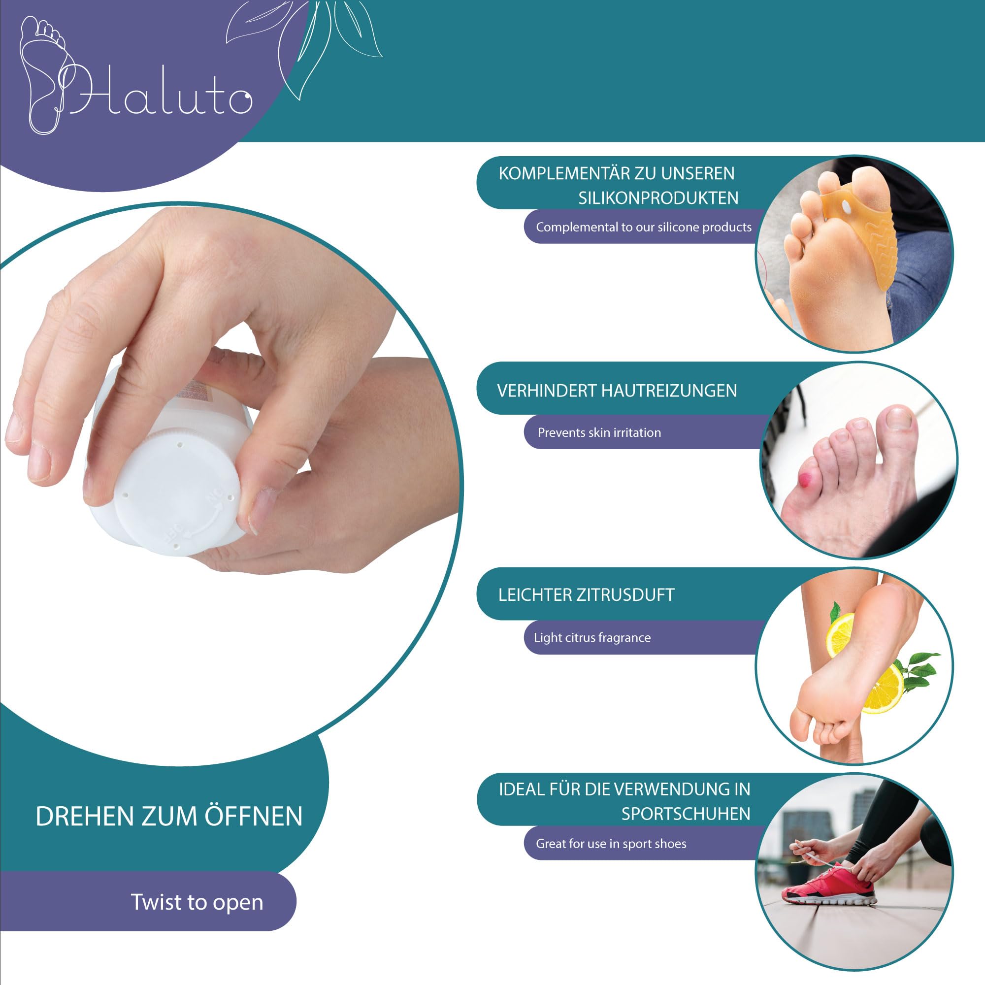 HALUTO Antibatterico Polvere Piedi - Talco Profumato - Elimina l'odore di Scarpe e Piedi - Naturale - Assorbono l'umidità - per Scarpe Sportive, da Lavoro e da Ginnastica