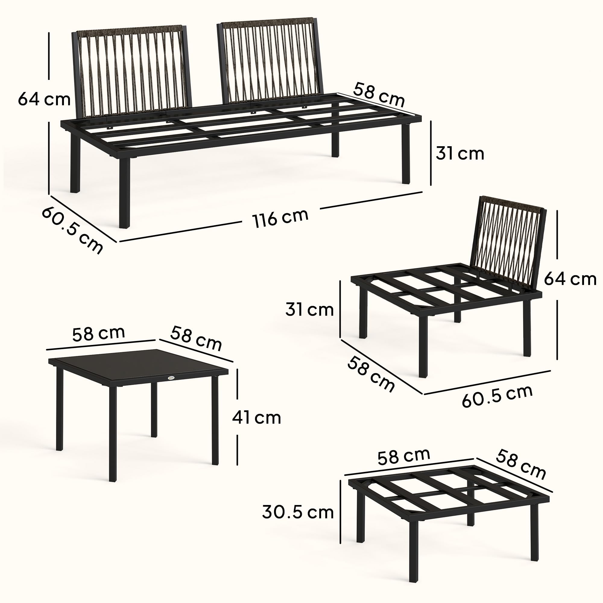 Outsunny Set Salotto da Giardino 6 Pezzi, Set di Mobili da Giardino Angolare con Divano 2 Posti, 3 Sedie, Poggiapiedi, Tavolino in Vetro, Cuscini, Salottino da Esterno ad L in Metallo, Grigio Chiaro