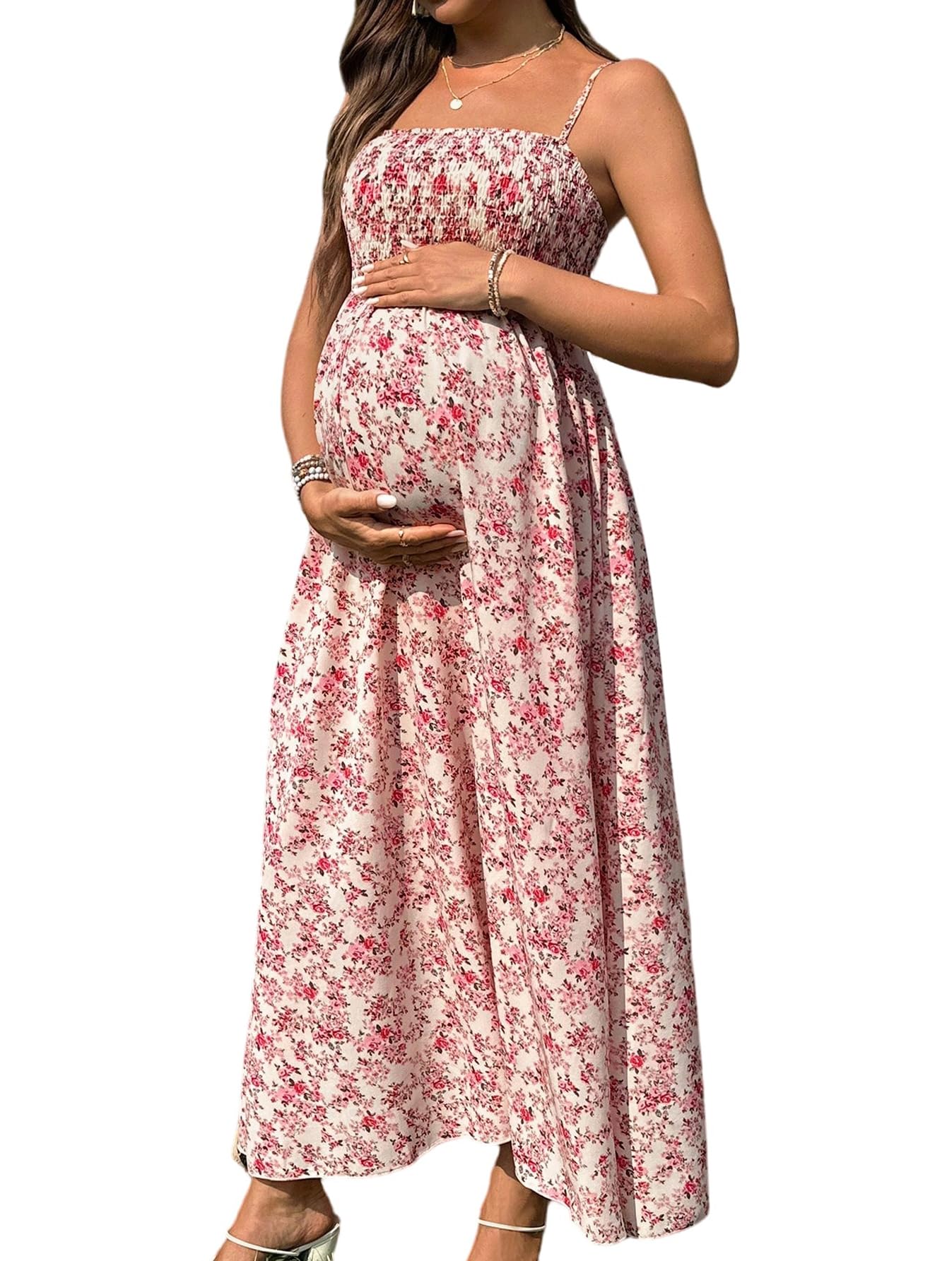 SweatyRocks Letnia sukienka damska dla kobiet w ciąży, sukienka w kwiaty, na ramiączkach spaghetti, elegancka sukienka letnia, sukienka ciążowa, sukienka na imprezę, urlop