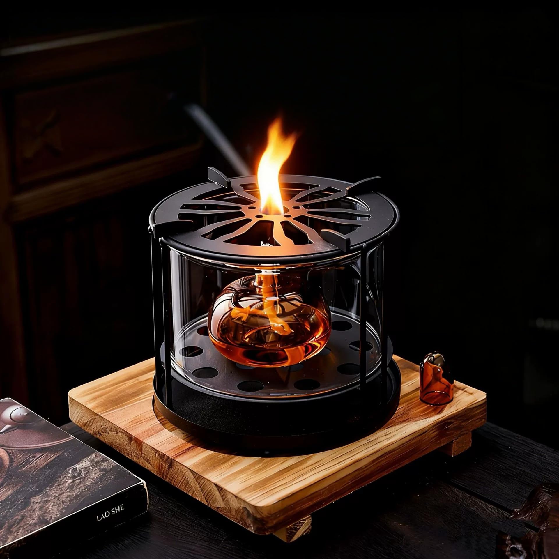 Edelstahl Feuerstelle mit Glaswindschutz, Feuerschale - Feuerkorb Indoor & Outdoor, Anwendbar Holz & Kohle etc. 16 * 16 * 15cm