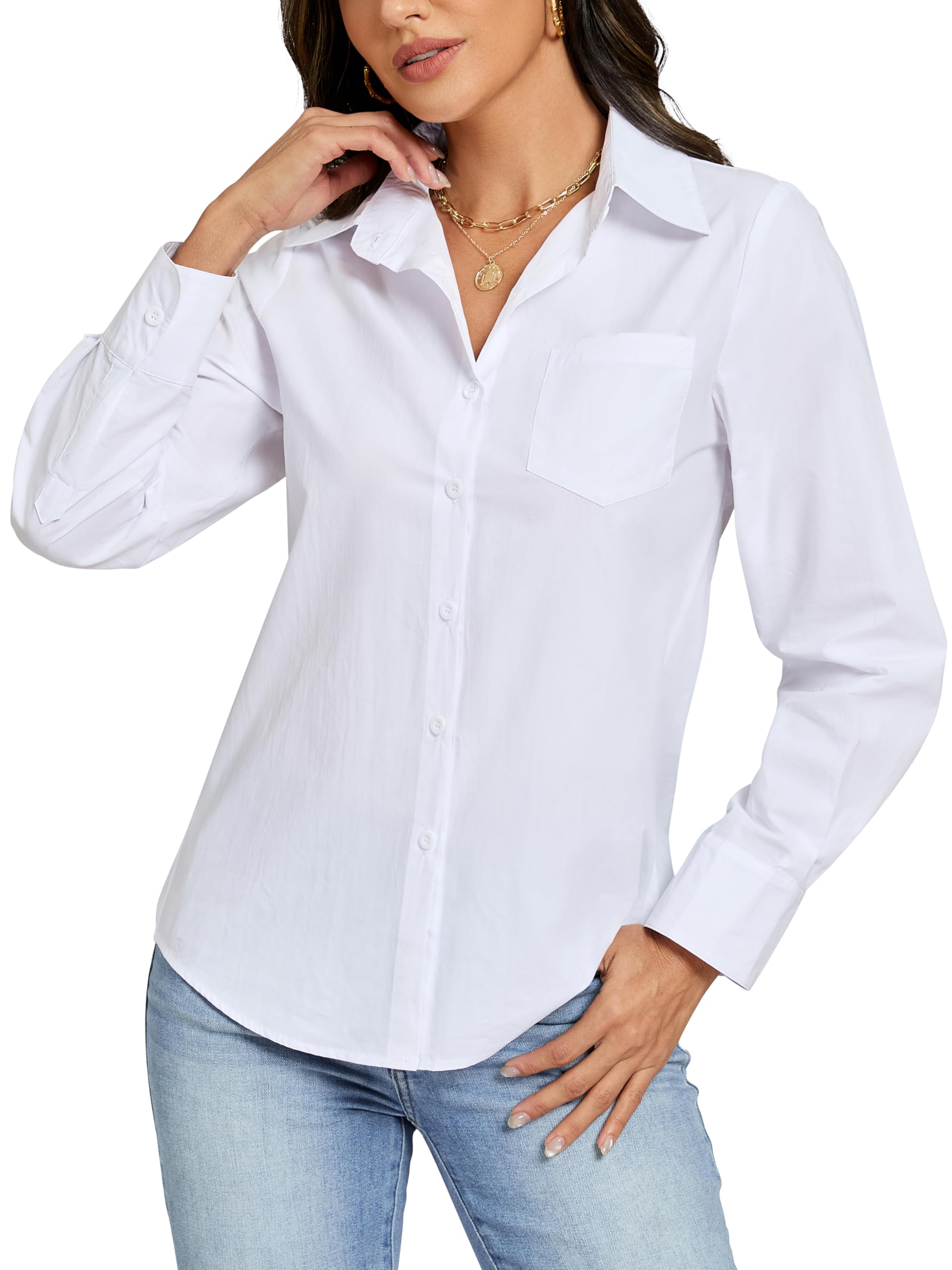 Chemisier Femme Chic et Élégant Coton 100% Chemisiers Manches Longue Boutons Haut Confortable Business Office Top