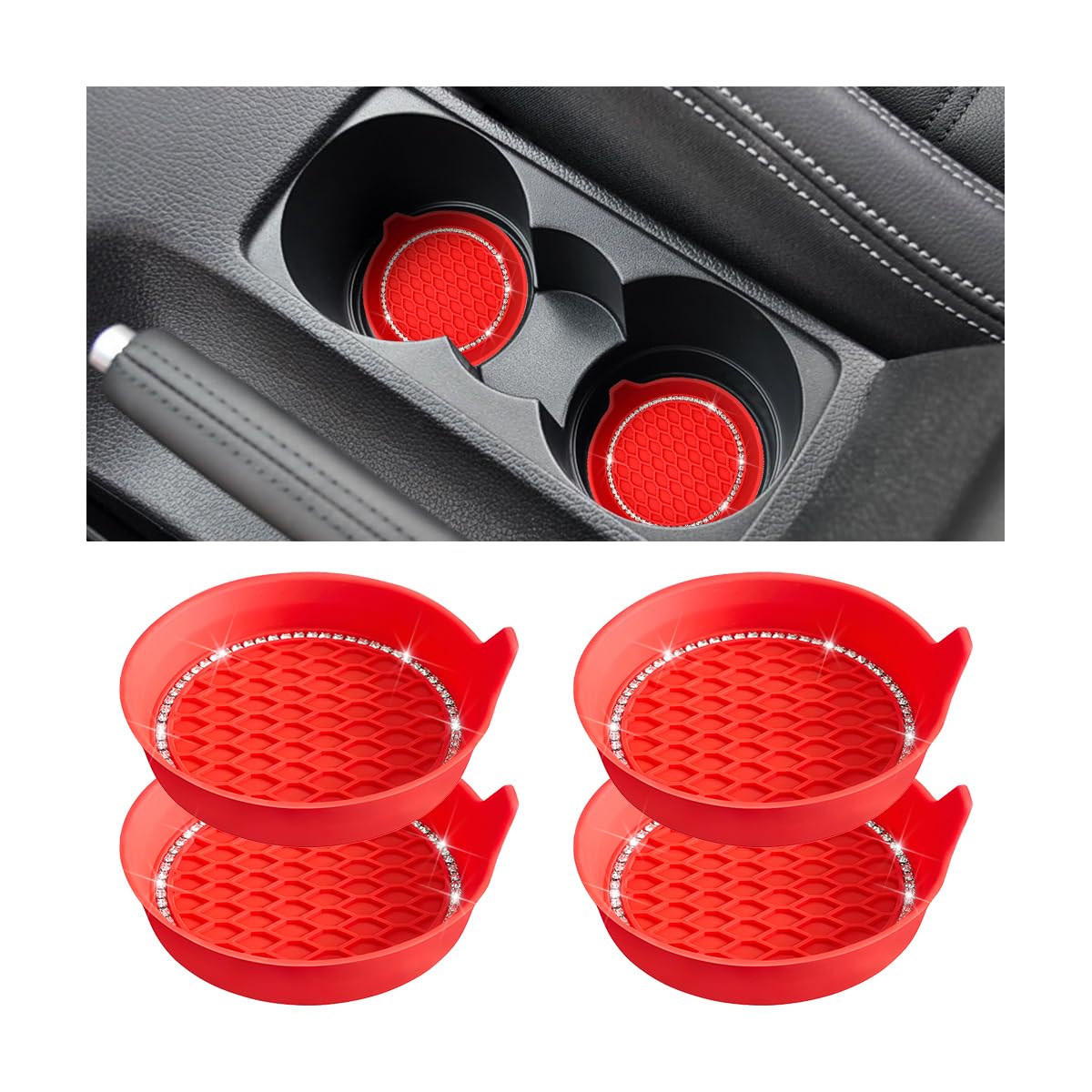 Bling Car Cup Holder Coaster, 4 Pack Universal Insert Coasters with Crystal Rhinestone, Silicone Non-Slip Shockproof Drink Mat, Car Interior Accessories Fashion Decor for Women Girl (Red)