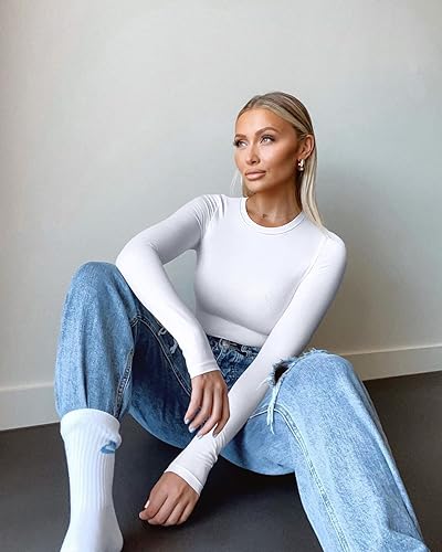 Miniatura 6 de OQQ - Camiseta de manga larga para mujer, cuello redondo, elástica, ajustada, camiseta para usar en capas, trajes informales, 3 unidades