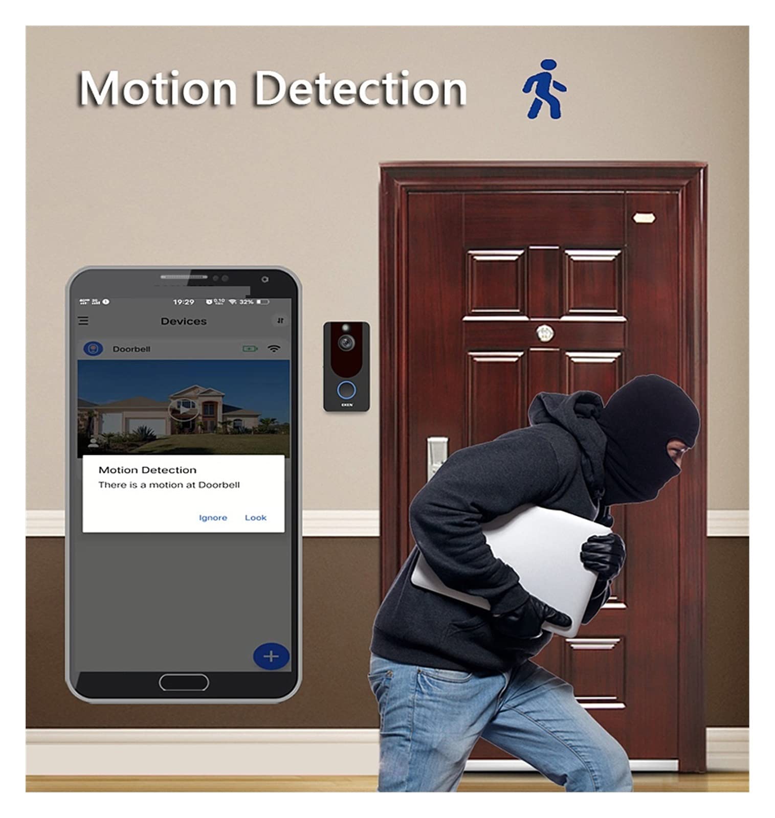 Bezprzewodowa kamera dzwonkowa, Bezprzewodowa kamera z dzwonkiem do drzwi 1080P Dzwonek z Wi-Fi Inteligentne zabezpieczenie Domofon Opcja Dzwonek domowy,Easy to install