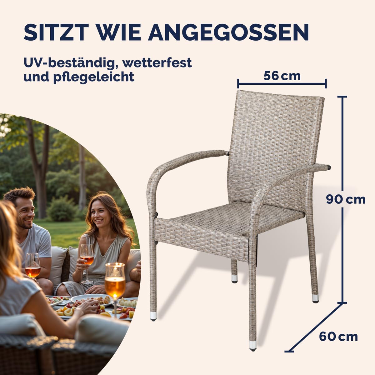 Casaria® Gartenstühle 4er Set Stapelbar Wetterfest Polyrattan Outdoor 160kg Garten Terrasse Balkon Stuhl mit Armlehne Gartensessel Stapelstühle Creme