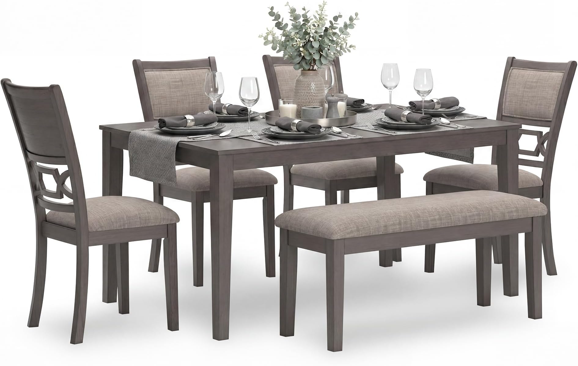 Wrenning Diamond Patterned Dining Table Set, 4 Upholstered Chairs and Bench, Seats 6, Wood, Gray