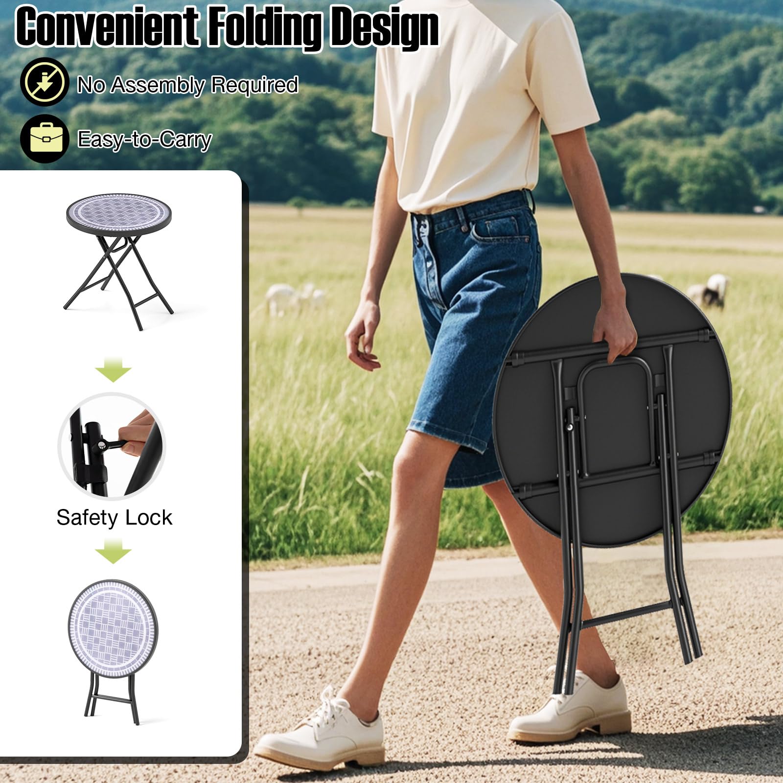 KOMFOTTEU Mesa de Jardín de Vidrio Templado de 46 cm, Mesa Auxiliar Plegable con Marco de Metal, Mesa de Comedor Redonda para Patio, Terreza, Balcón, Mesa Lateral para Interior y Exterior (Gris)