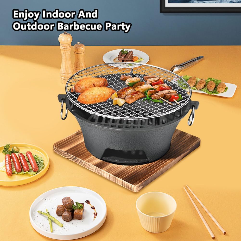 AIZYR Mini BBQ Grill, Portable Charcoal Stove Korean Tabletop Grill Barbecue Grill with Wooden Base for Outdoor Party Camping Picnics,26cm