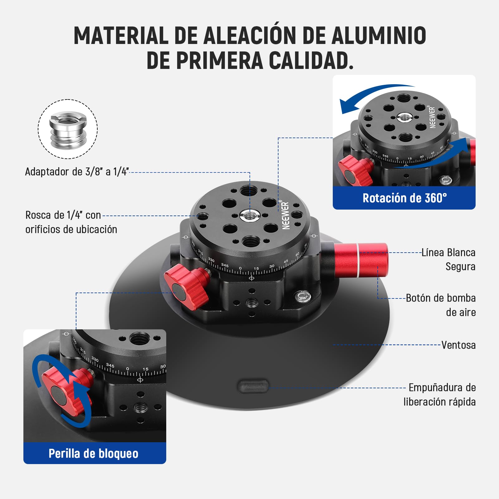 NEEWER 6"/15.2cm Soporte Ventosa Cámara con Brazo Mágico Cabezal Esférico, Metal Suction Cup Mount Parabrisas Coche, Ideal para Action Camera/Phone Holder con 1/4" & 3/8" Orificios para ARRI