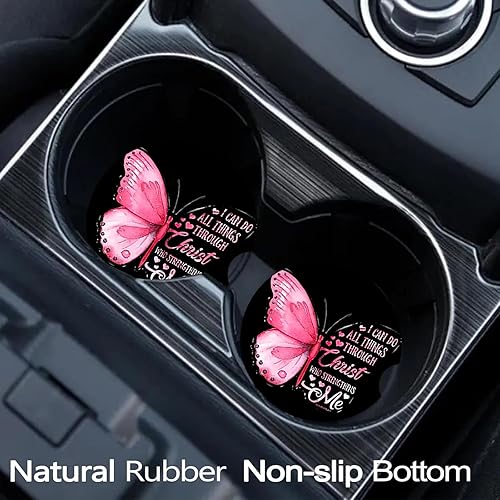 Miniatura 2 de Posavasos de automóvil para portavasos de automóvil, paquete de 2 posavasos de mariposa rosa, tapete de goma antideslizante de tamaño universal de