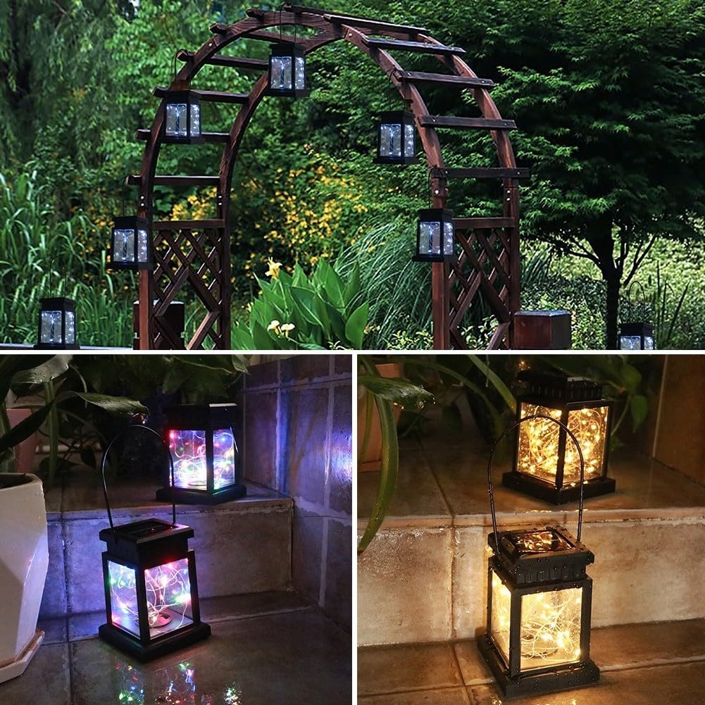 Oniissy Farol colgante de energía solar con luces LED intermitentes para decoración de jardín al aire libre, lámpara de mesa impermeable con diseño antiguo y mango de metal, perfecto para (003)