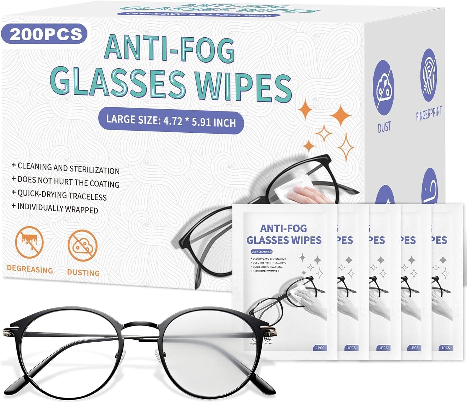 Photo 1 of [200 Pack] Anti Fog Wipes for Glasses, Large Glasses Cleaner, Lens Wipes for Eyeglasses, Pre-Moistened Individually Wrapped Cleaning Wipes, Eyeglasses Cleaner Wipes for Camera Phone (4.72 * 5.91 inch)