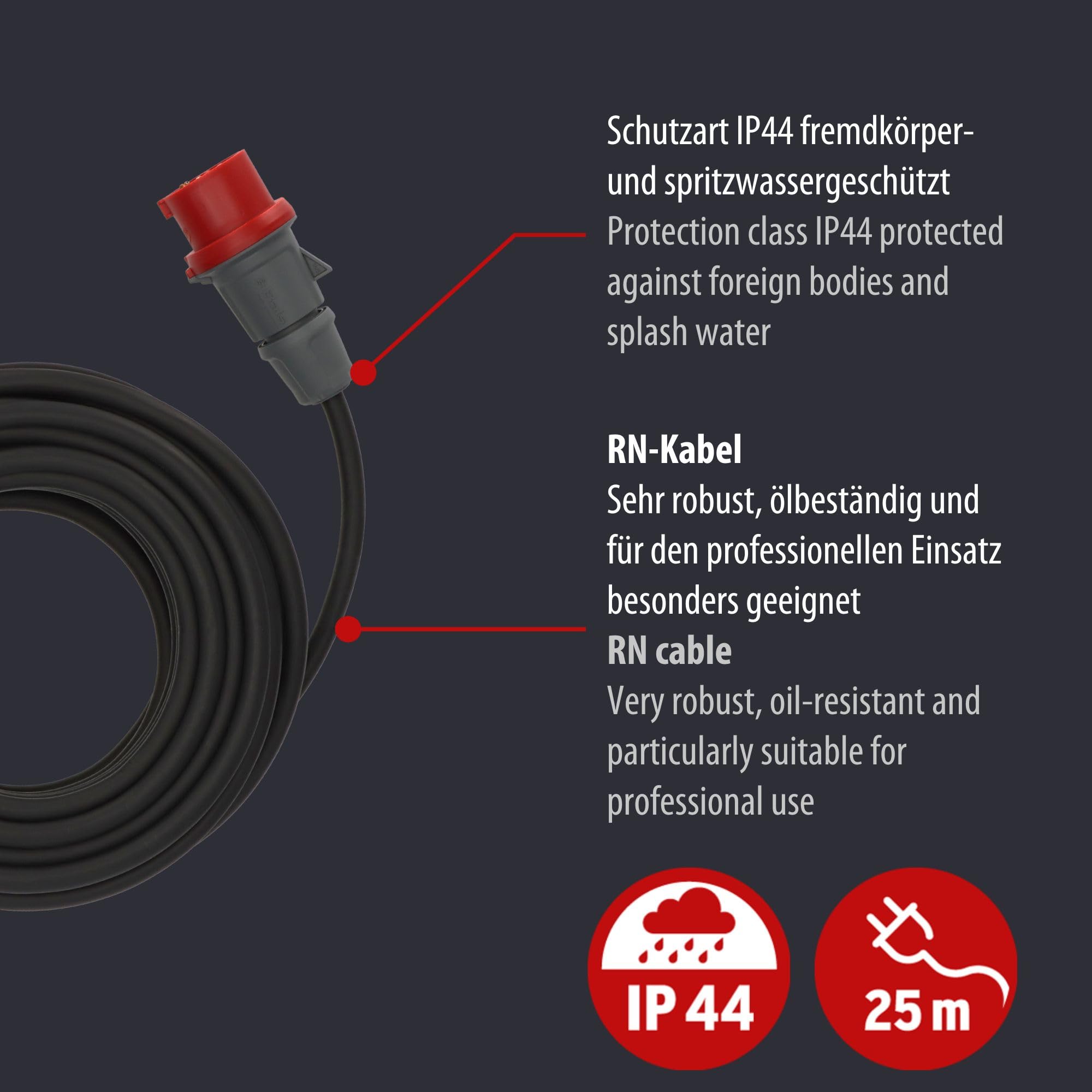Brennenstuhl 1167720 Prolunga 25 m CEE 5 poli IP 44, Nero/Rosso