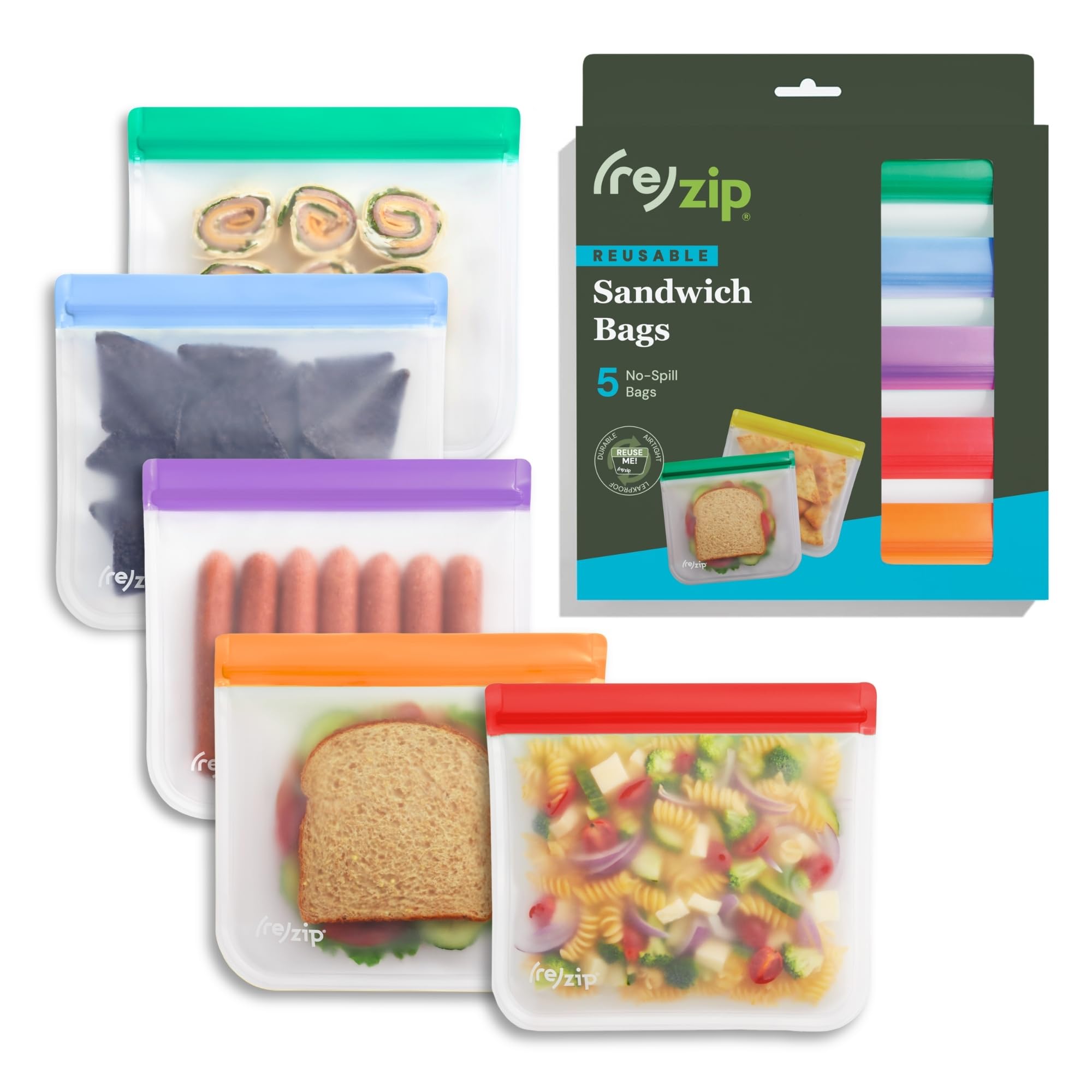 rezip - Confezione da 5 sacchetti piatti riutilizzabili per uso alimentare, senza BPA, a prova di perdite, adatti al congelatore, lavabili in lavastoviglie, adatti ai viaggi, (5) sacchetti per pranzo