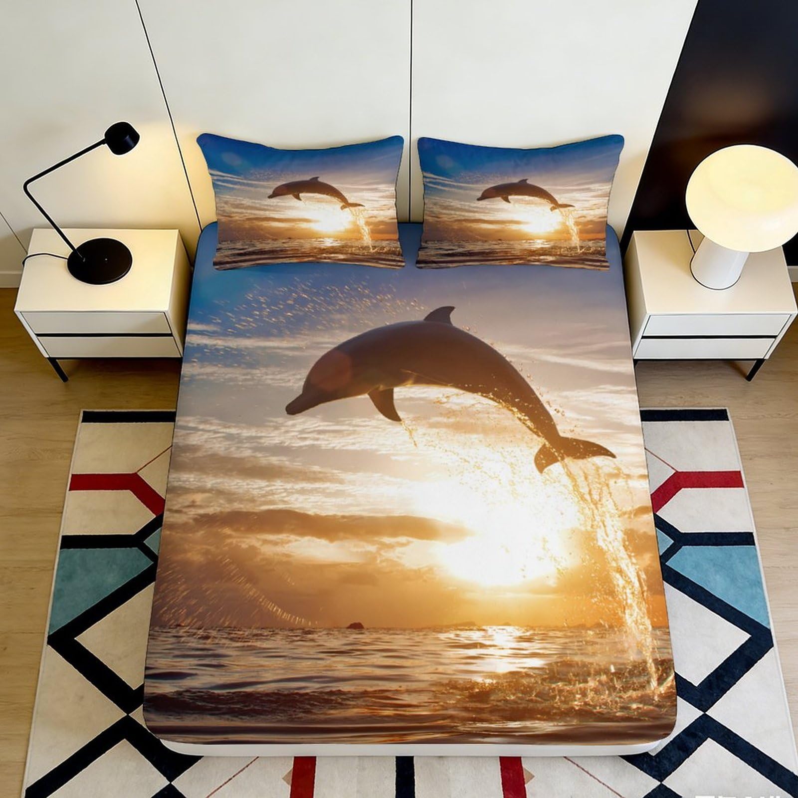 3D Printed Dolphin Sunset Fitted Sheet Microfiber Soft Breathable Ocean Wave Mattress Cover Bedroom Decor 90x200x25cm