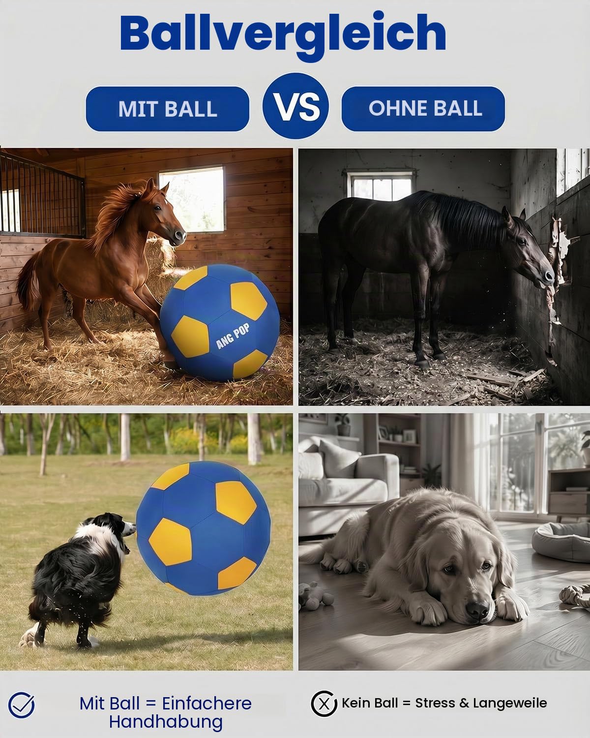 ANC POP Herding Ball für Hunde Pferdeball & Abdeckung 63,5 cm für Pferde groß mit Handpumpe zum Spielen, blau und gelb