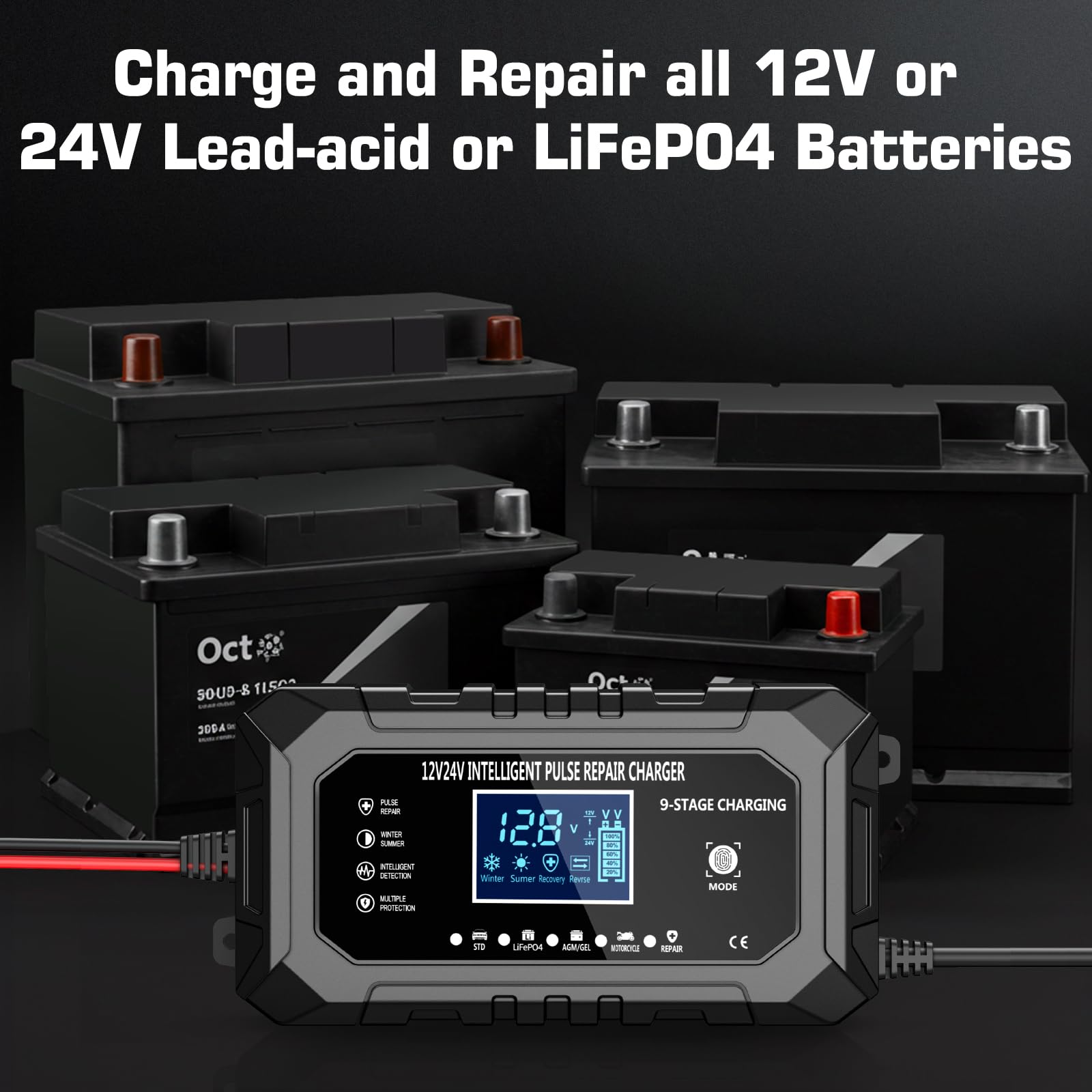Husgw Ładowarka samochodowa 15A, przenośne ładowanie akumulatora samochodowego LiFePO4 12V/24 V, 9-stopniowa inteligentna ładowarka do konserwacji, wielokrotne zabezpieczenia, odpowiednia do samochodu
